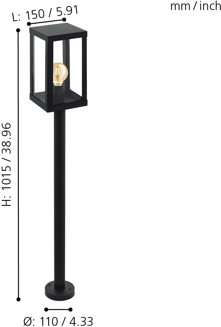 EGLO Außen-Stehlampe »ALAMONTE 1«, E27, schwarz / L15 x H101,5 x B15 cm / exkl. 1 x E27 (je max. 60W) - IP44 spritzwassergeschützt - Leuchte - Garten - Eingangsbereich - Vintage - Retro - Rustikal - Stehlampe für Außenbereich - witterungsbeständig