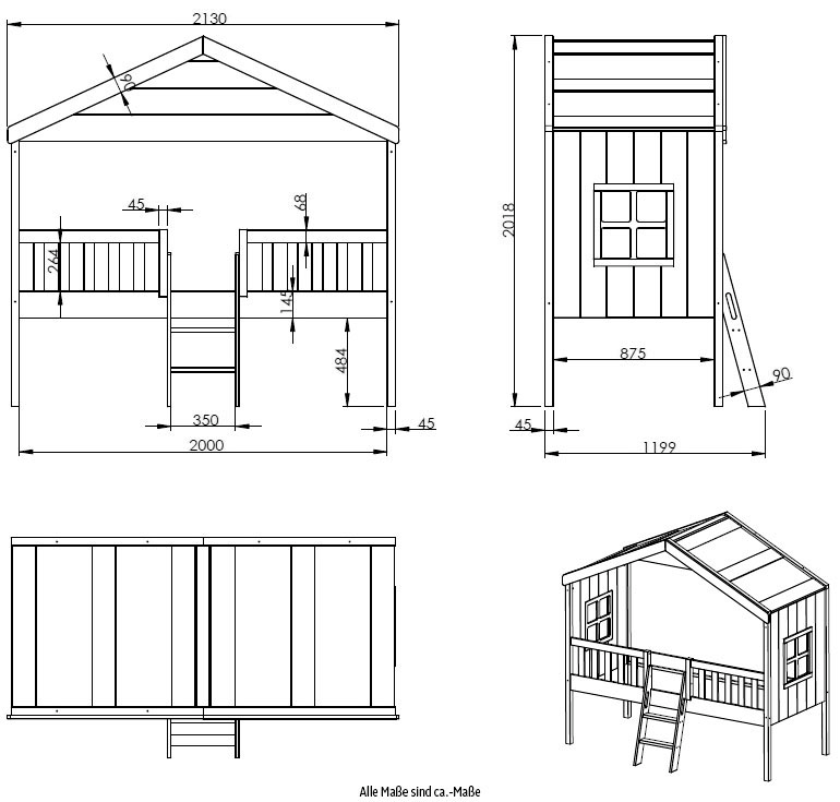 Vipack Hausbett »Kiefer massiv weiß lackiert, Made in Europe, stabil gebaut« B/H/T ca. 213x201,8cm, wahlweise mit und ohne Rutsche,  mit Leiter, seitliche Fenster, Rolllattenrost und Absturzschutz