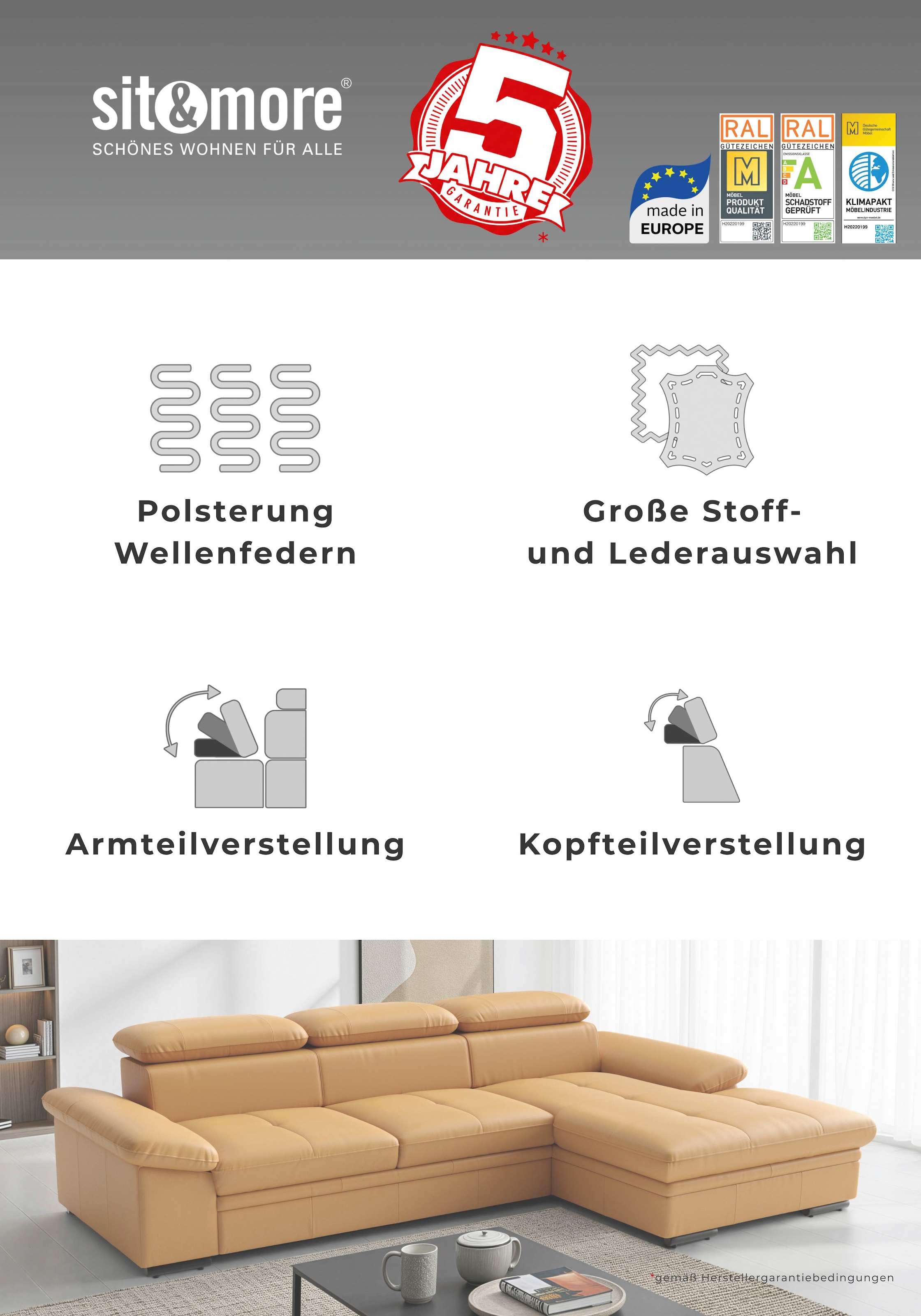 sit&more Ecksofa »Viola L-Form, B: 249 cm, Arm- & Kopfteilverstellung« optional Schlaffunktion, Sofa mit Komfortsitz in Leder