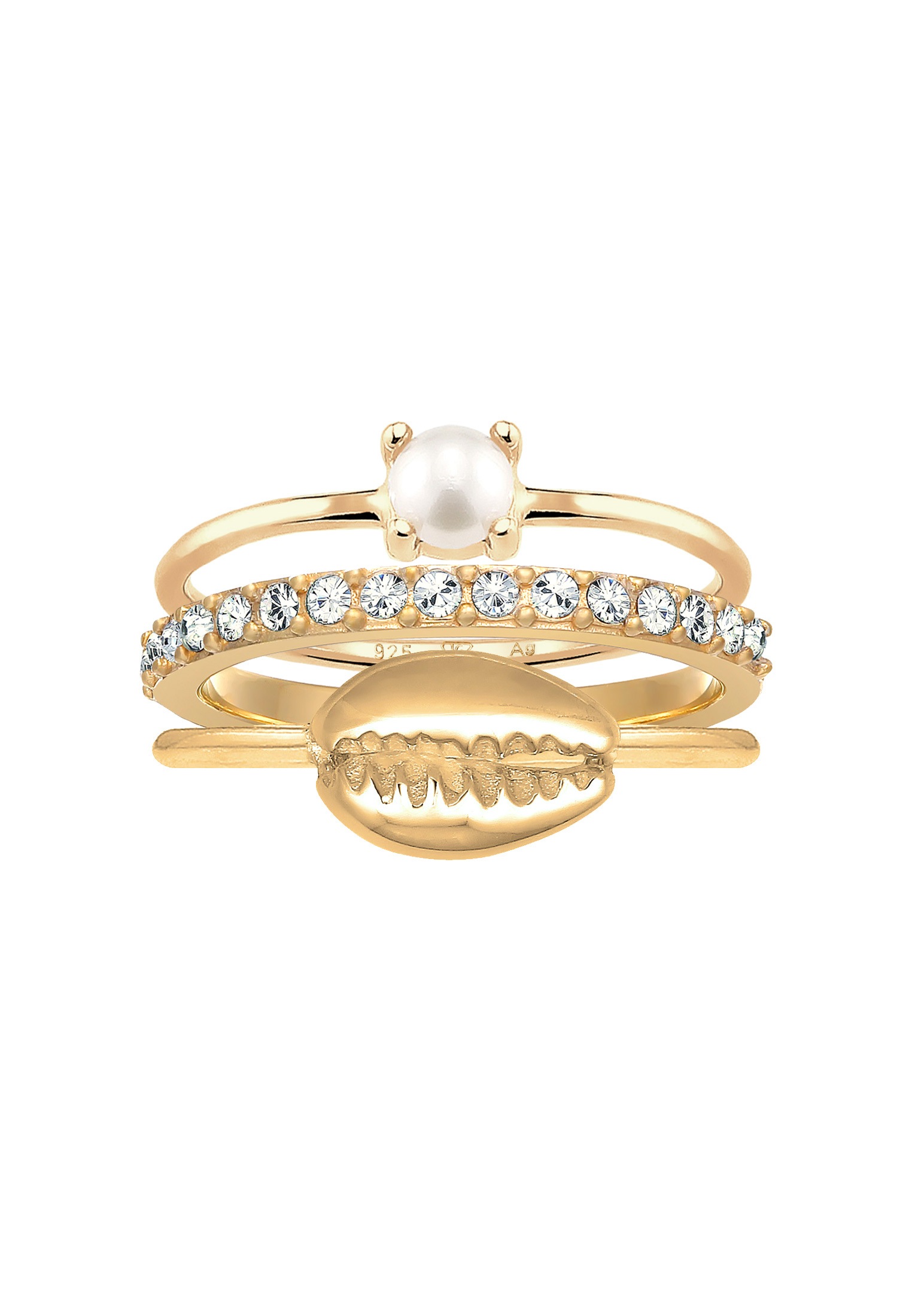 Elli Ring-Set »Ring Set Süßwasserperle Kristalle Muschel 925 Silber«