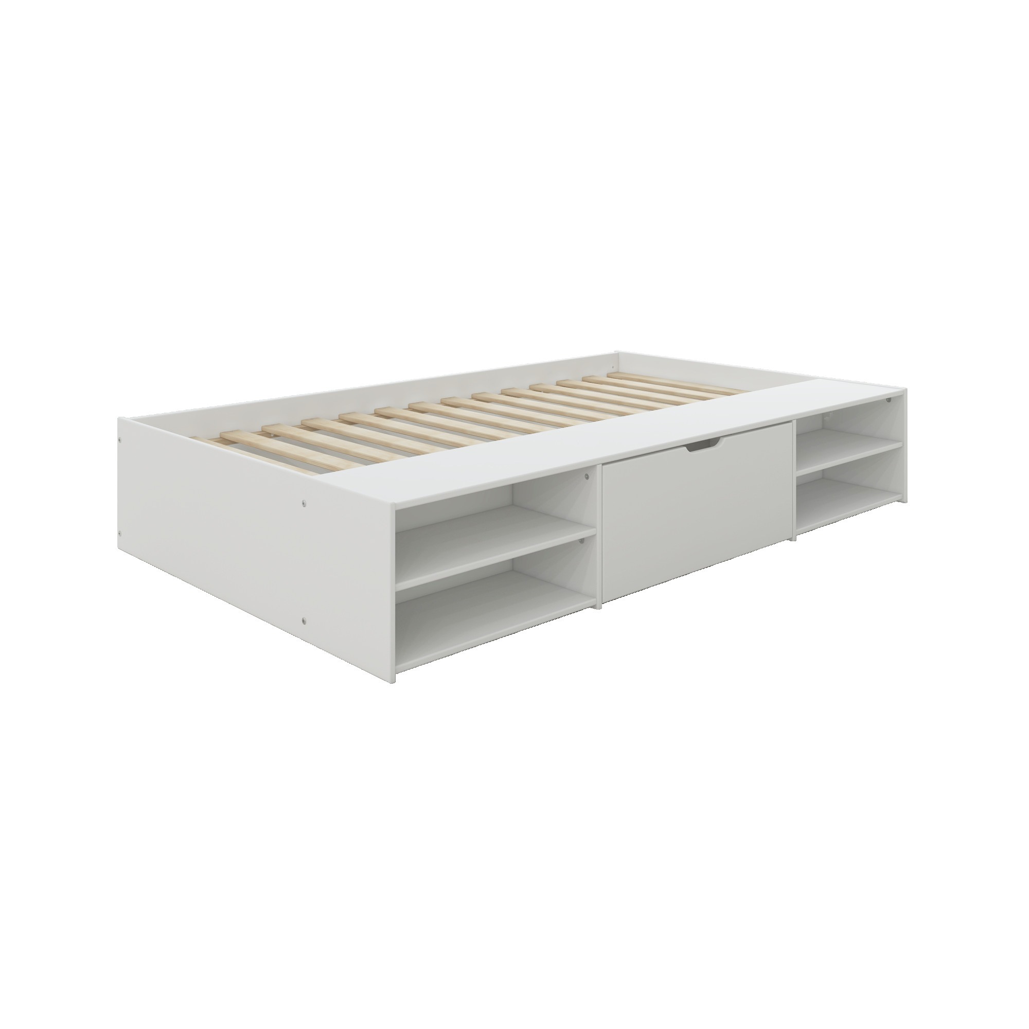 Home affaire Stauraumbett »Cavan, Jugendbett, Podestbett, Futonbett, Made in EU«, (Breite/ Belastbarkeit: 120cm/200 KG, 90cm/ 100KG), inklusive Lattenrost, viel Stauraum, breite Ablage, FSC® zertifiziert