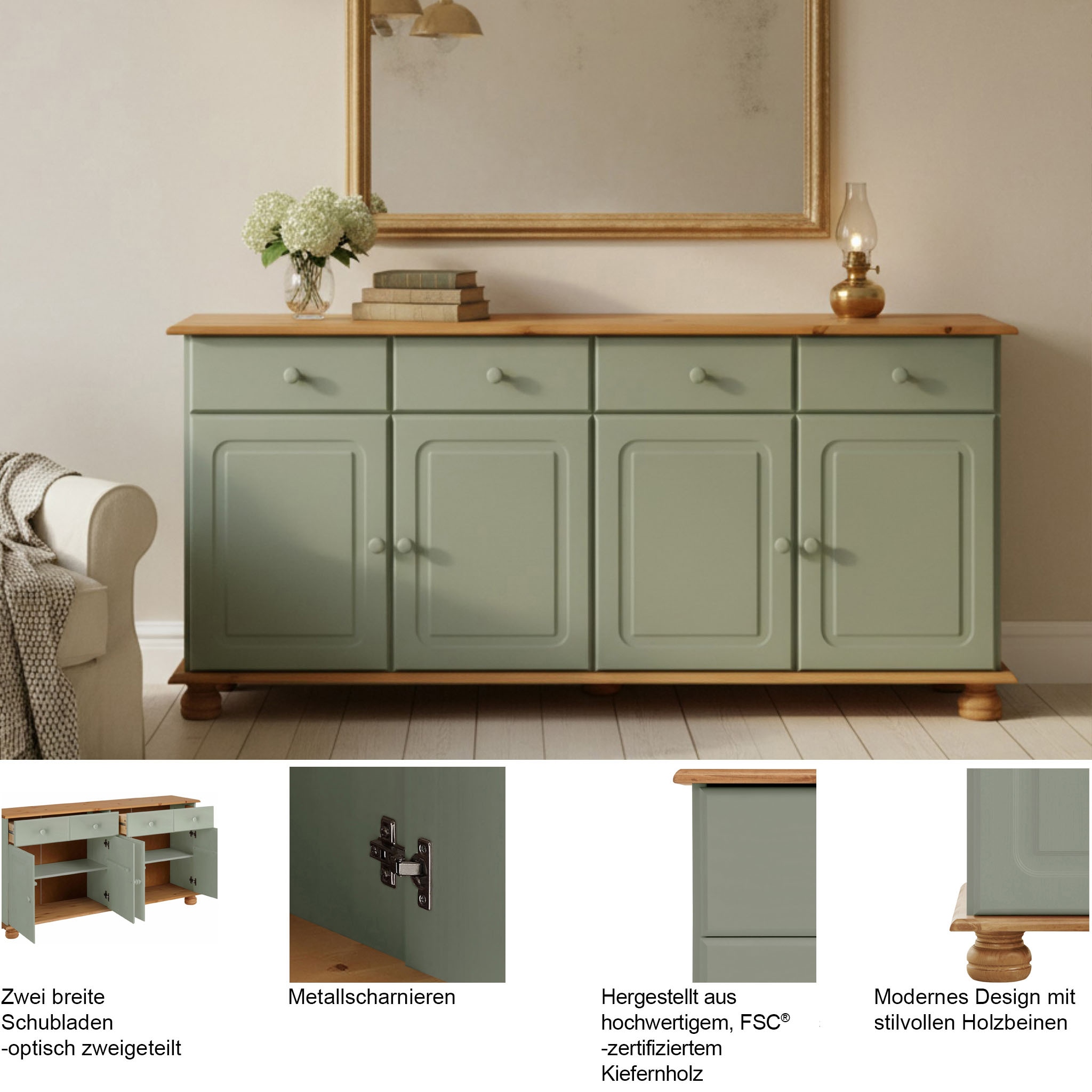 OTTO home Sideboard »Mette Kommode mit 4 Türen & 2 Schubladen, die optisch geteilt sind« aus massiver Kiefer, dekorative Fräsung, 2 verstellbare Einlegeböden