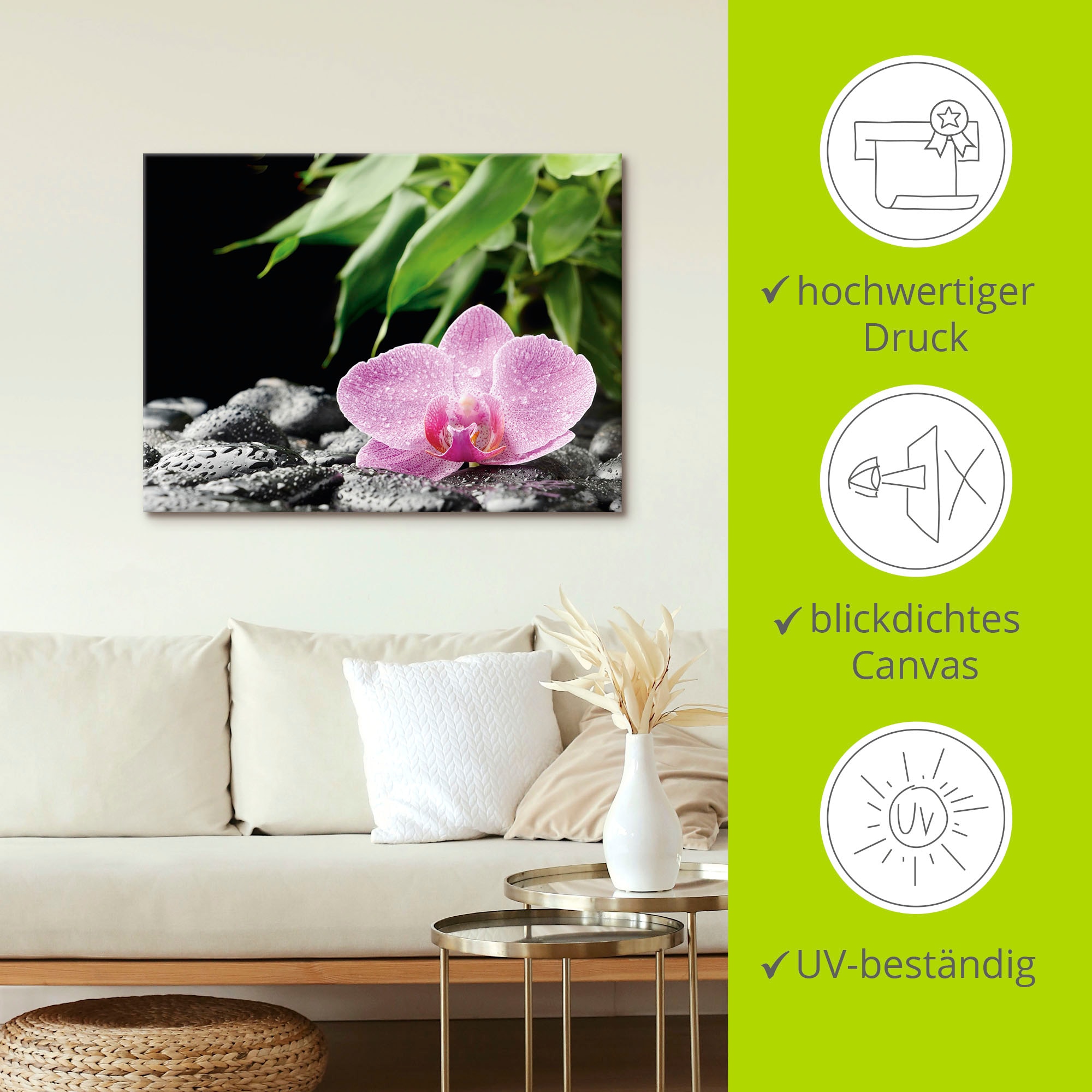 Artland Wandbild »Rosa Orchidee auf schwarzen Zen Steinen«, Blumen, (1 St.), als Leinwandbild, Poster in verschied. Größen