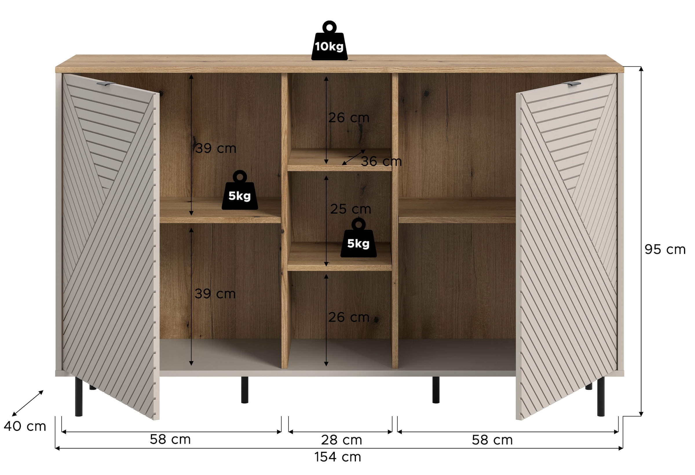 Home affaire Sideboard »RAITA, Breite 154 cm, Front mit Desgin-Fräsung, 2 Türen, viel Stauraum« moderne Farbkombi, individuell einsetzbar, Griffe & Füße aus Metall,  Kommode, Anrichte, Schrank, Highboard, TV-Board