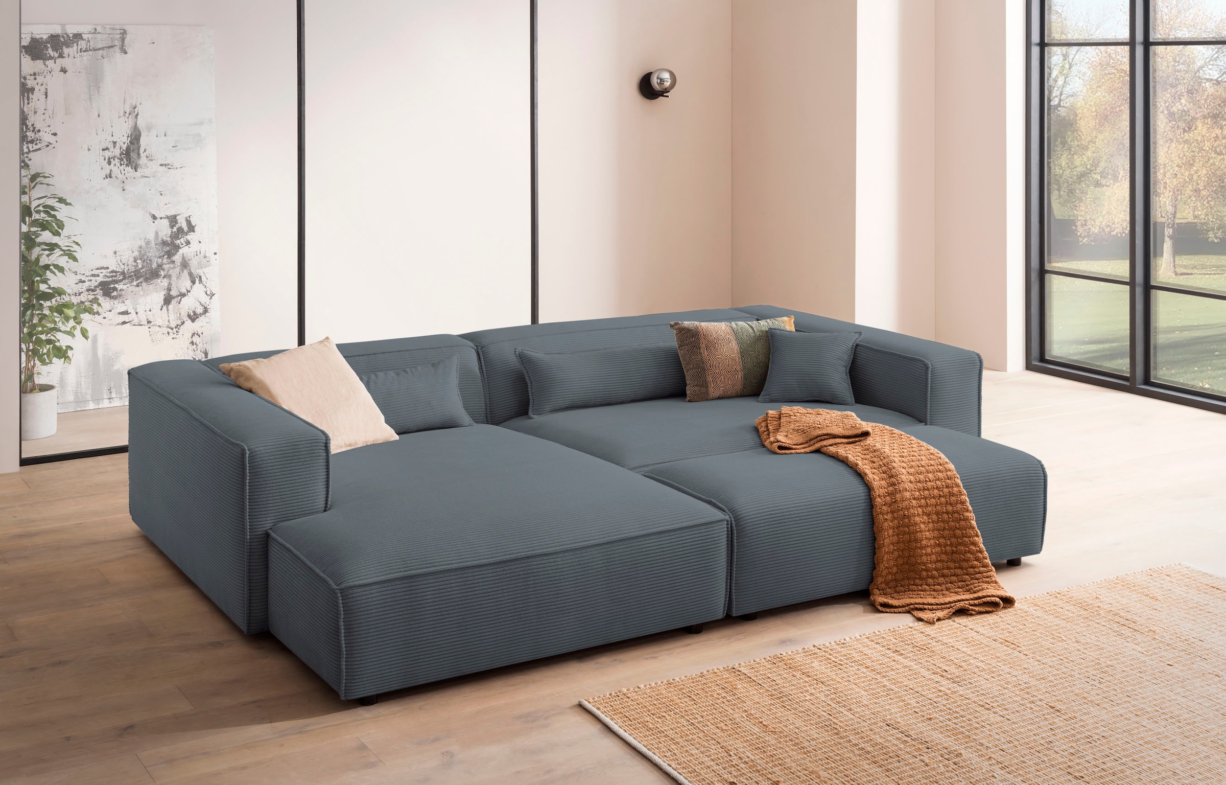 LeGer Home by Lena Gercke Polsterecke »PIARA XXL, L-Form mit Schlaffunktion, Big-Sofa in Cord o. Leinenoptik«, Hocker stellbar zum Schlafsofa (Krokodilverbinder), tiefe Sitzfläche