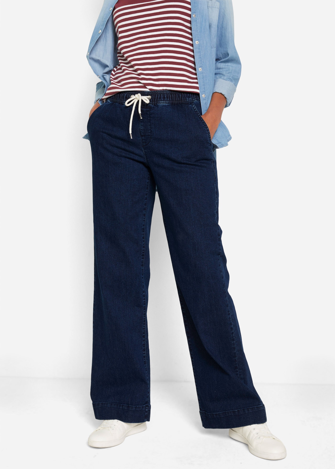 bonprix Weite Jeans »Wide Leg Jeans Mid Waist, Stretch« Loose Fit Passform, mit elastischem Bund und Tunnelzug