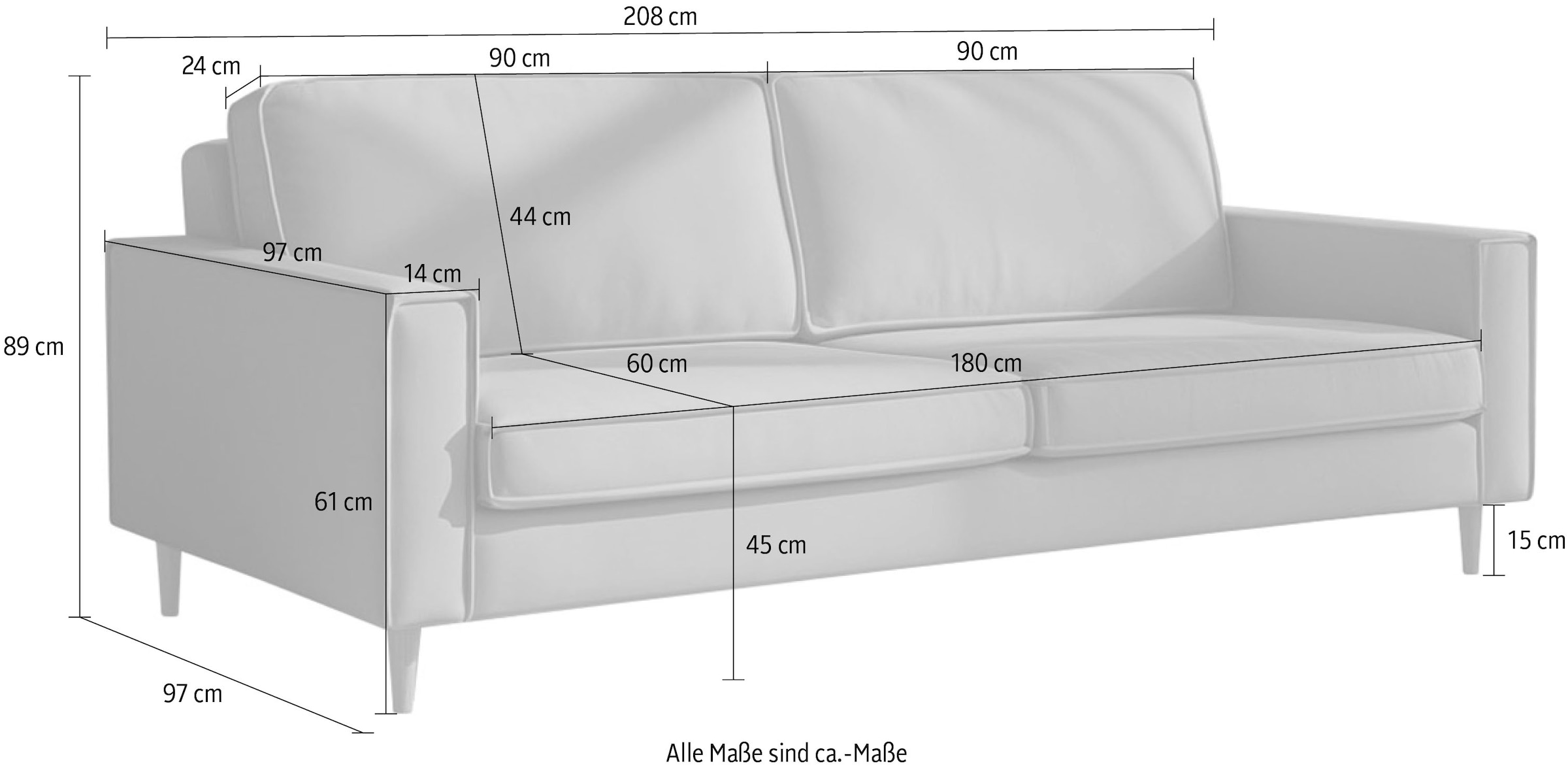 Home affaire 3-Sitzer »Pinto Skandi, 206 cm, Chenille, Struktur« mit Keder, Massivholzfüße Eiche geräuchert, Wellenunterfederung