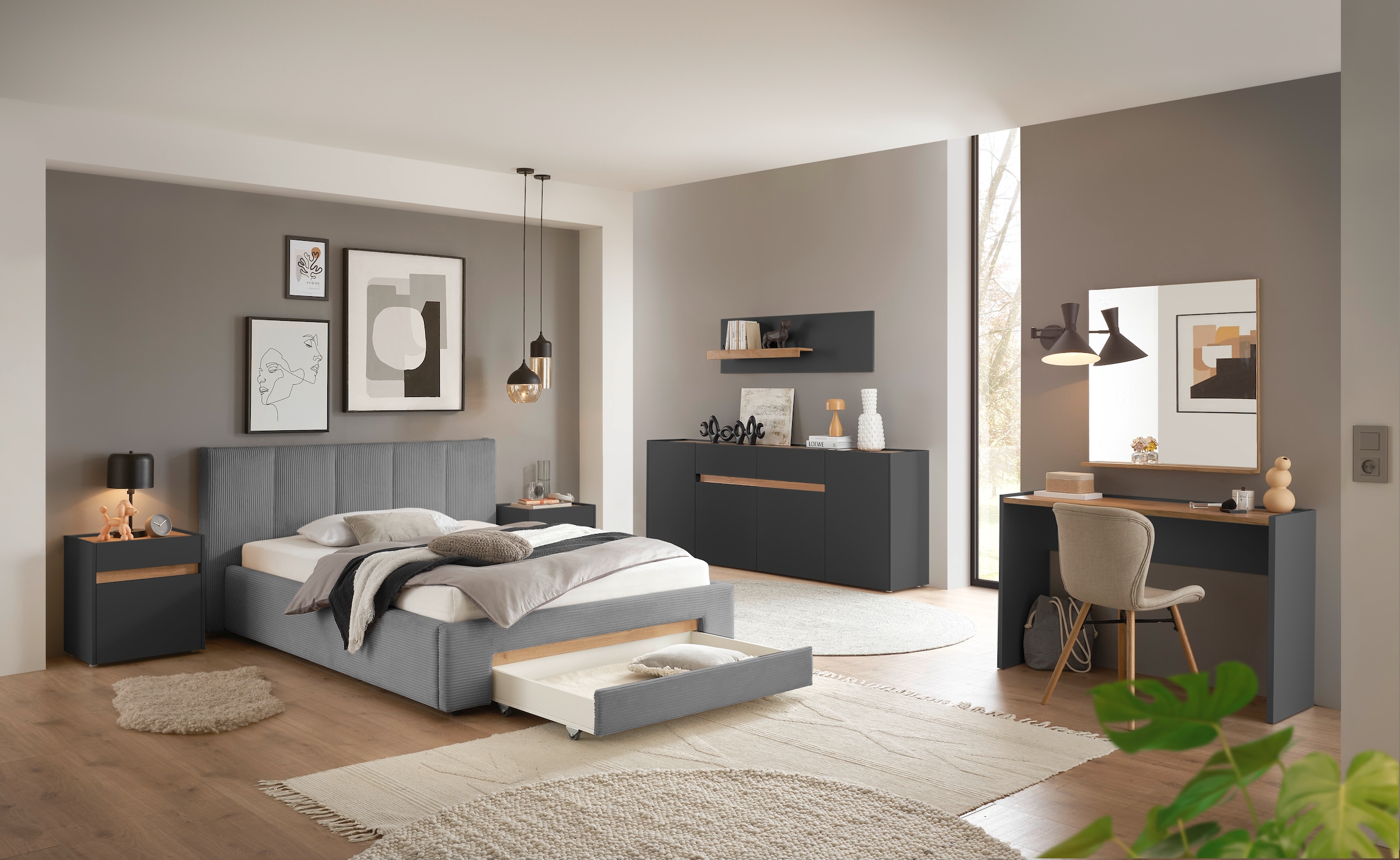 INOSIGN Polsterbett »CiTY/GiRON, Bettgestell mit Bettkasten, gepolstertes Stauraumbett«, mit Hundebett oder Stauraumschublade, Bezug Cord-oder Leinenoptik