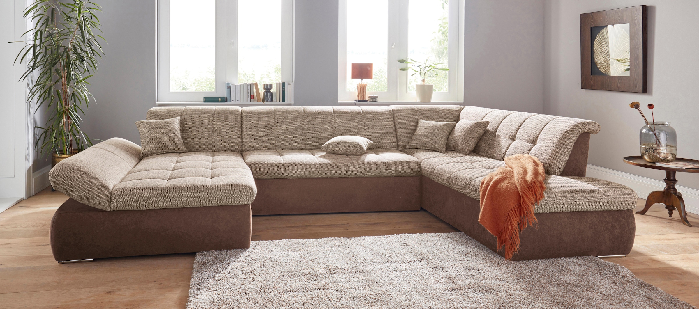 DOMO collection Wohnlandschaft »PB Moric wahlweise mit Bettfunktion und Armteilverstellung  U-Form«, XXL-Format B/T/H: 353/216/80 cm, feine Steppung, incl. Zierkissen