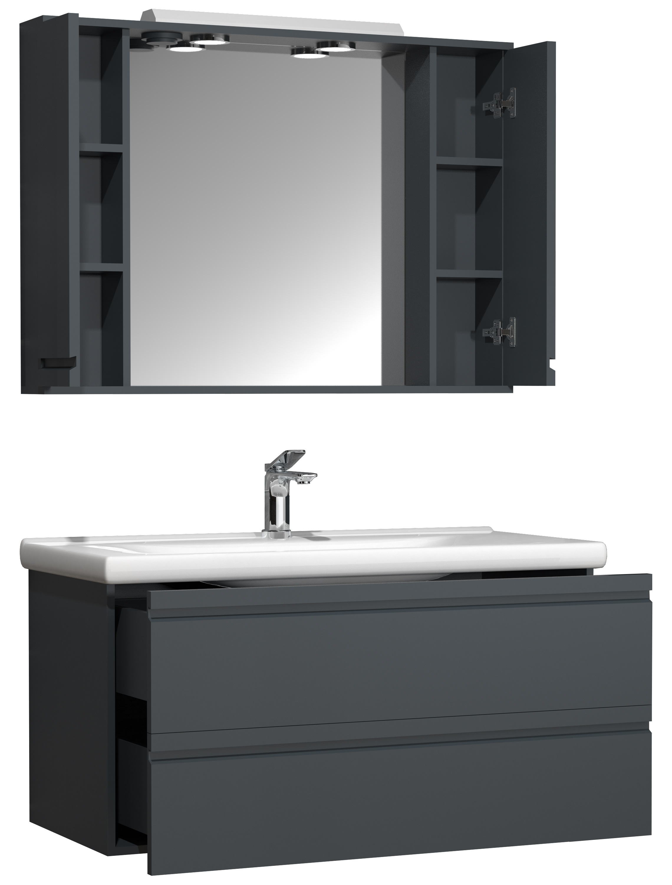 VCM Waschbeckenunterschrank »VCM 3-tlg. Waschplatz Waschtisch 100 cm Badmöbel Set Waschbecken grifflose Schublade Spiegelschrank Silora XL«, (3 St.)