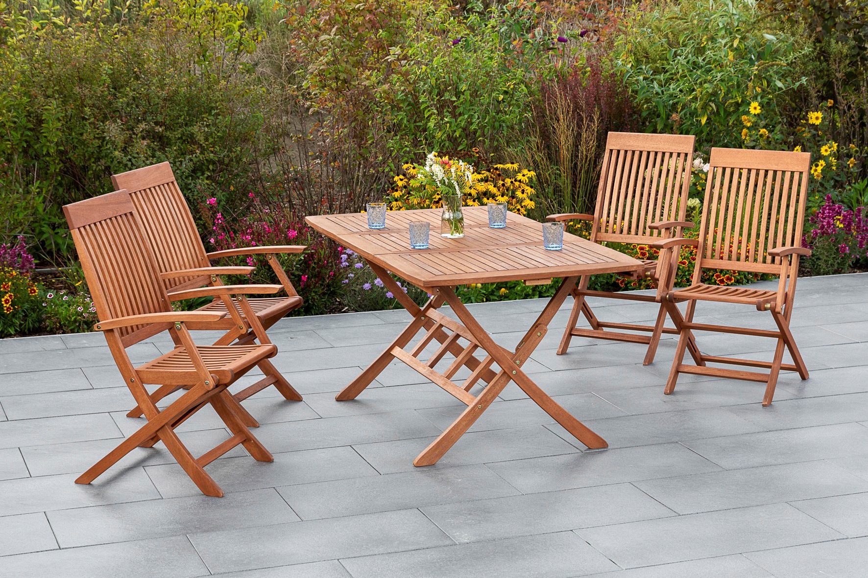 MERXX Garten-Essgruppe »Comodoro«, (5 tlg.), 4 Klappsessel mit ausziehbarem Tisch