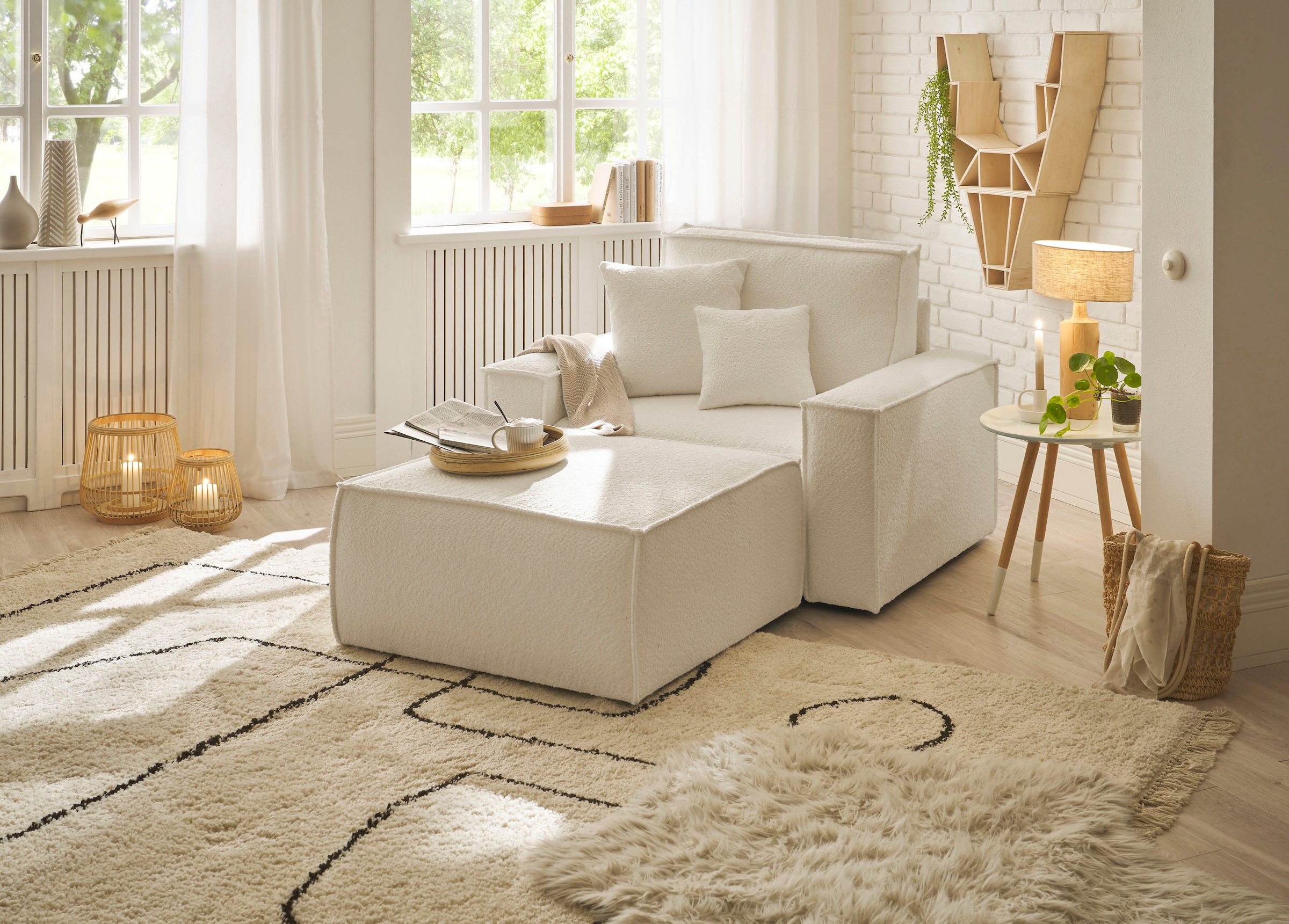 OTTO home Loveseat »FINNLEY Bouclé, Loveseat & Hocker im Set, inkl. Zierkissen« 2 Stk. tlg. verfügbar in den Stoffqualitäten Bouclé, Struktur fein und Mega Cord