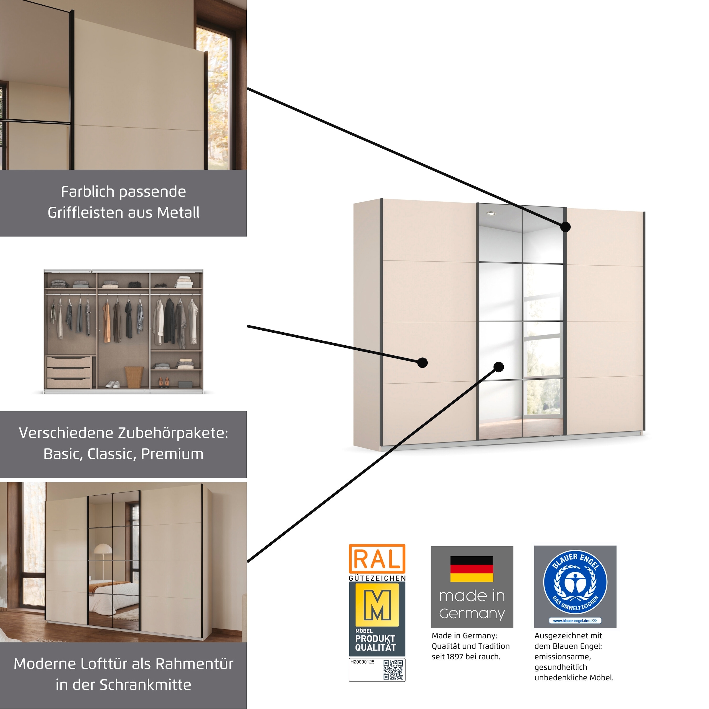 OTTO home Kleiderschrank »Schwebetürenschrank Schrank Garderobe Wäscheschrank BAVENO« in 3 Ausstattungen BASIC/CLASSIC/PREMIUM (mit Soft-Close-Funktion),  in moderner Loft-Optik mit Griffleisten aus Metall MADE IN GERMANY