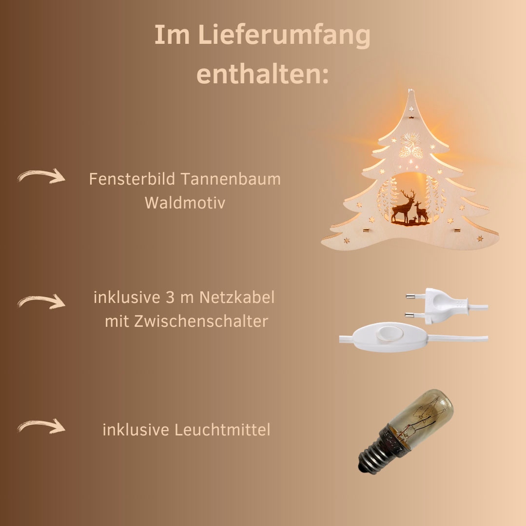 Weigla Dekobaum »beleuchtetes Fensterbild Tannenbaum Waldmotiv, NATUR-BRAUN«, Erzgebirge garantiert, Weihnachtsdeko Innen, Weihnachtsbeleuchtung