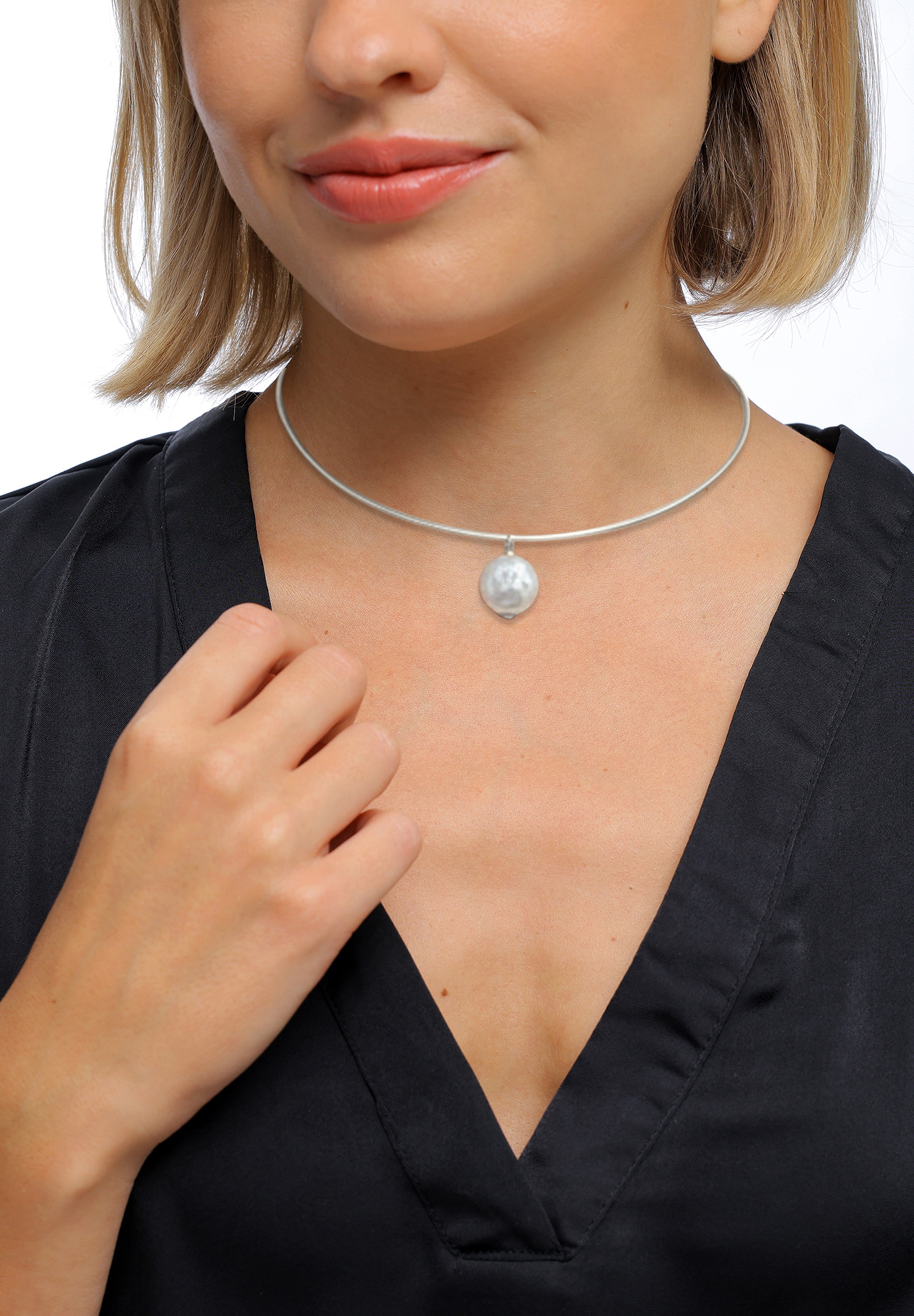 Elli Premium Silberkette »Halskette Halsreif Muschelkernperle Barocke Flach Weiß 925 Sterling Silber«