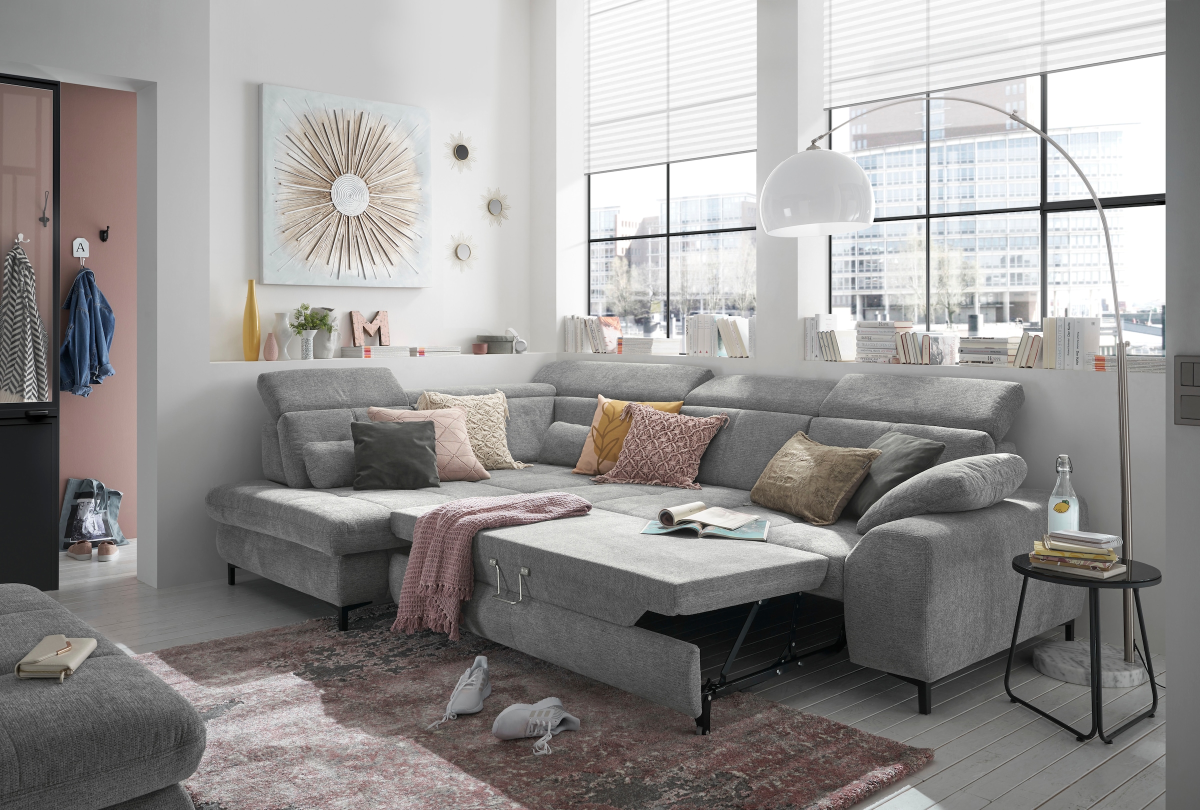 set one by Musterring Ecksofa »SO 3400 Sitzhöhe 47cm oder 49cm, Sitztiefe verstellbar, B/T 317/220 cm«, Kaltschaumpolsterung, Flachgewebe, whlw. mit Funktionen, Sitzhöhe 49