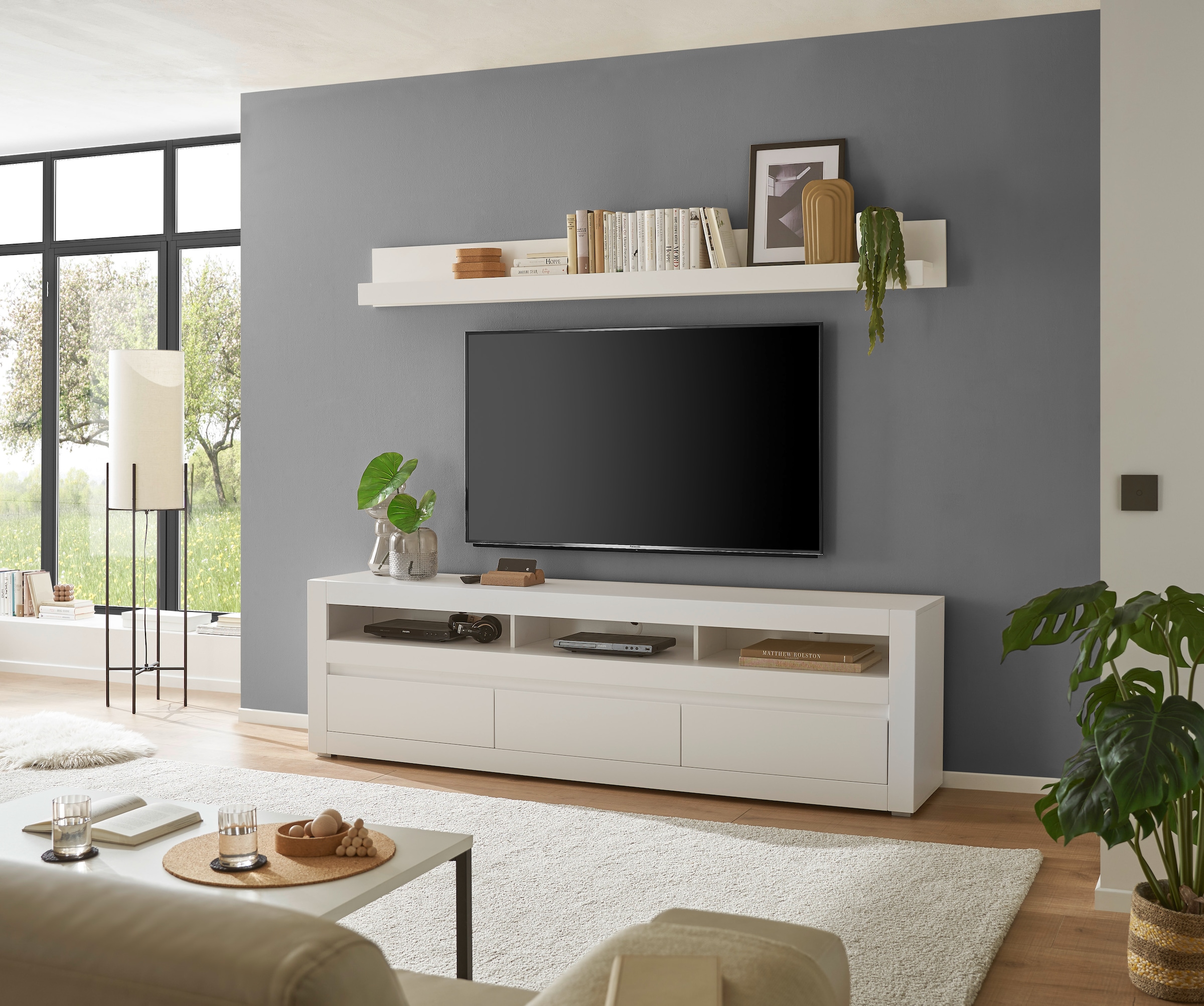 INOSIGN Wohnwand »Anbauwand in Weiß Matt, Wohnzimmer-Set mit austauschbarer Blende«, (Set, 2 St.), enhält Lowboard, Wandboard, zeitloses Design, 217 cm breit