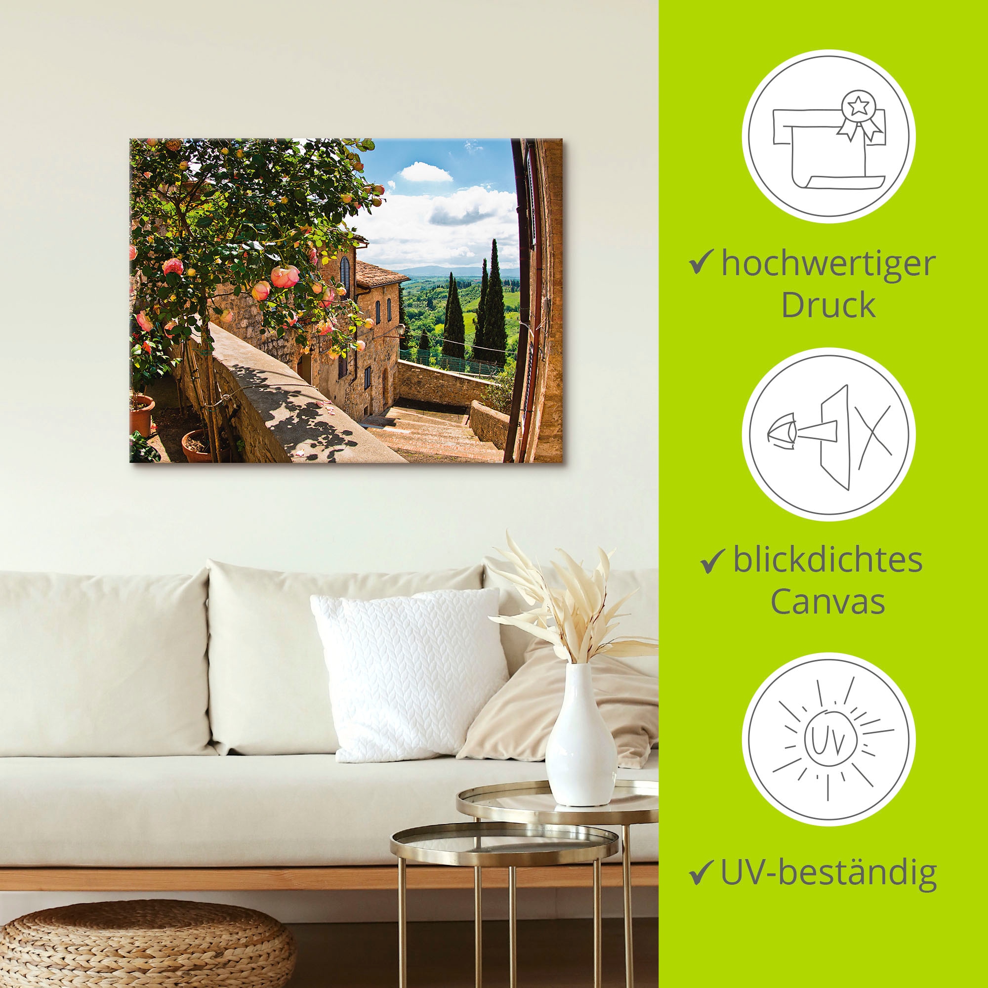 Artland Wandbild »Rosen auf Balkon Toskanalandschaft«, Garten, (1 St.), als Alubild, Outdoorbild, Leinwandbild, Poster, Wandaufkleber