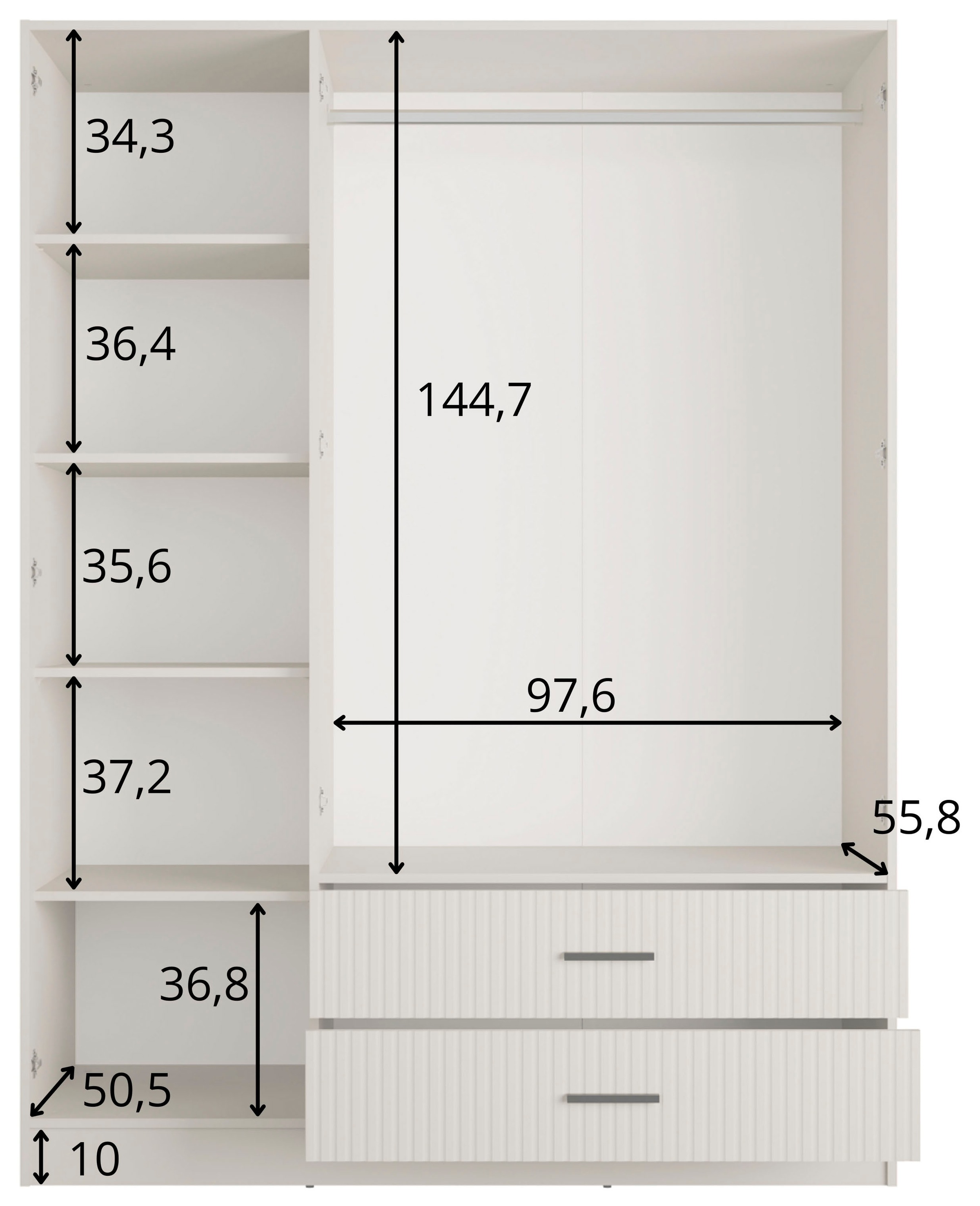 OTTO home Kleiderschrank »TERRIK,  modern mit viel Stauraum & geriffelter Struktur, Spiegel« B/H/T ca.  150/200/60 cm,  Garderobe mit 6 Fächern, Kleiderstange, 2 Schubladen, Made in EU