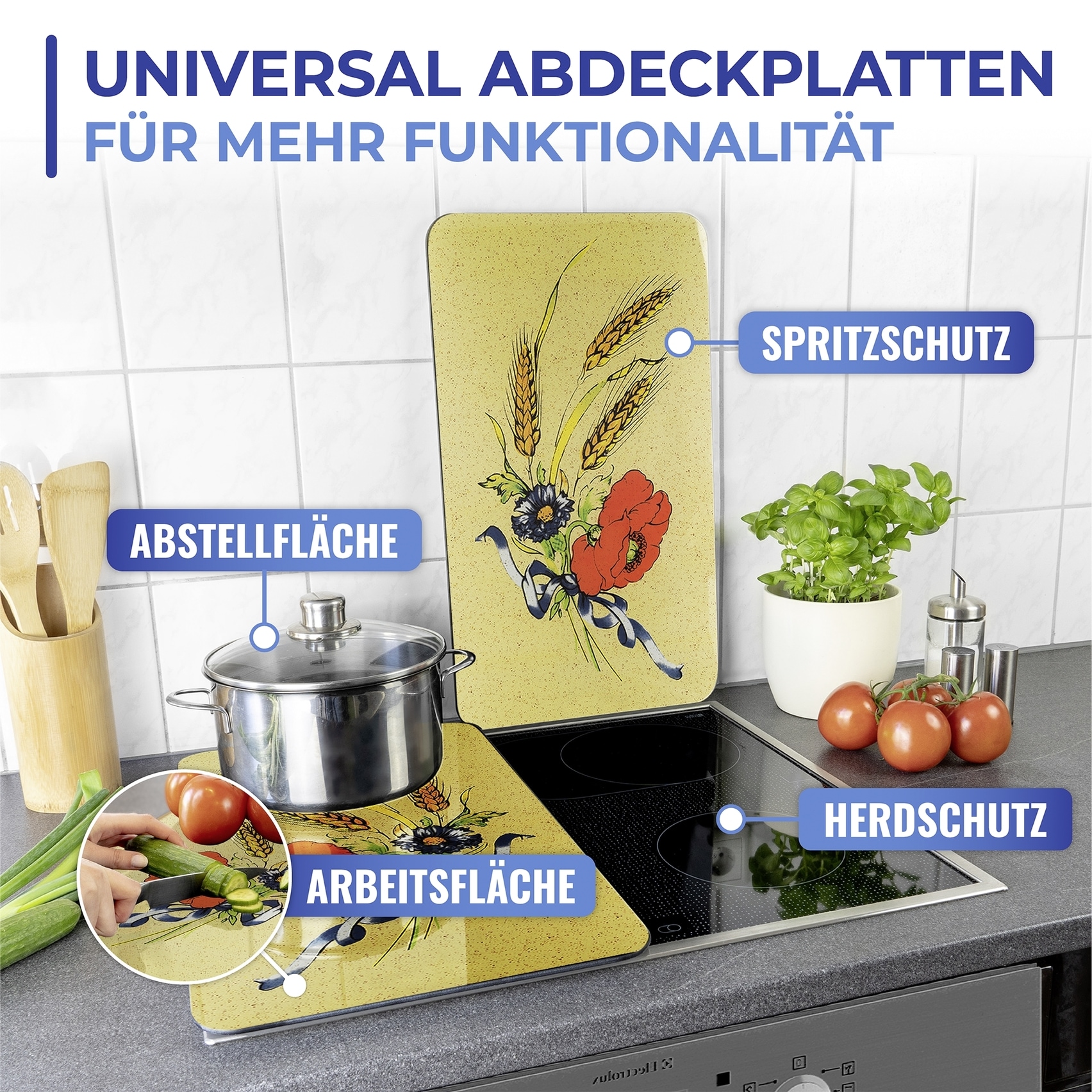 Maximex Herd-Abdeckplatte »Universal Modell Kornblumen«, (Set, 2 tlg.), Herdabdeckung für alle Herdarten, kratzfest, mit rutschfesten Füßen