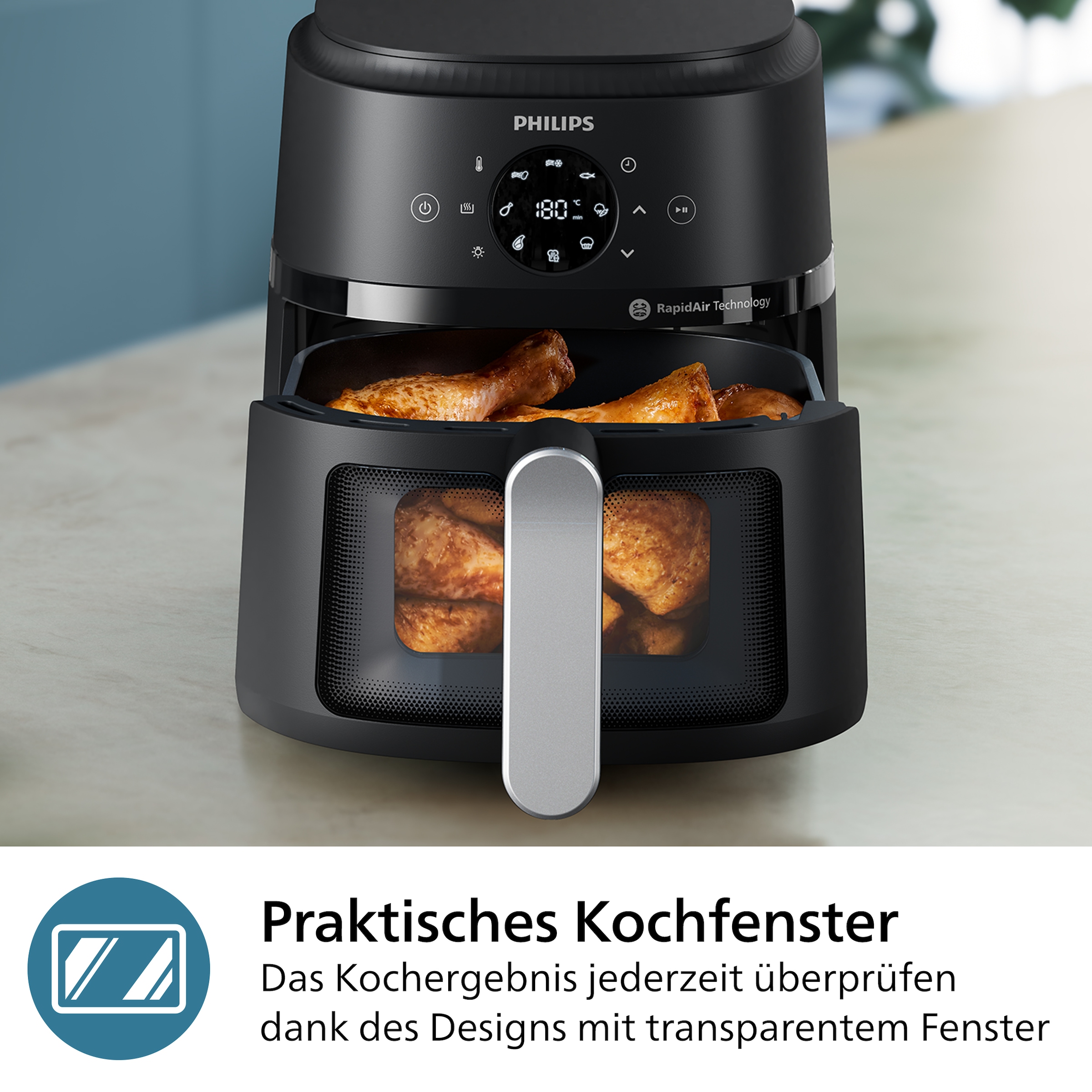 Philips Heißluftfritteuse »Airfryer 2000 NA221/00, mit 4.2L, Sichtfenster«, 1500 W, RapidAir Technologie und 13 Kochfunktionen; Schwarz/Silber