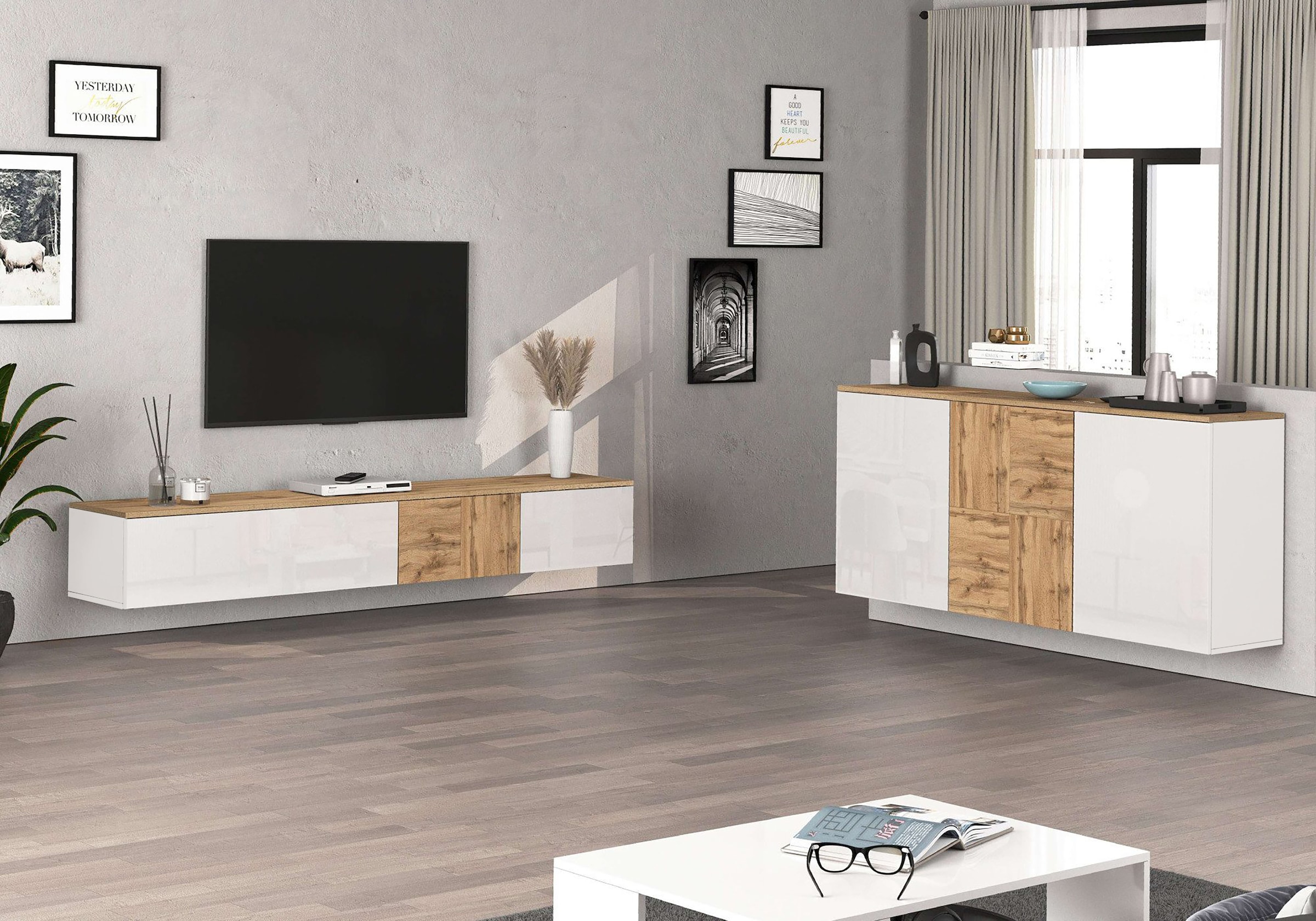 OTTO home Sideboard »ISEO, Kommode, Schrank, Sideboard, Lowboard, 6 Fächer, Breite 150 cm« 1 Stk. tlg. stehend/hängend, 3 Türen Hochglanz lackiert, Made in Italy