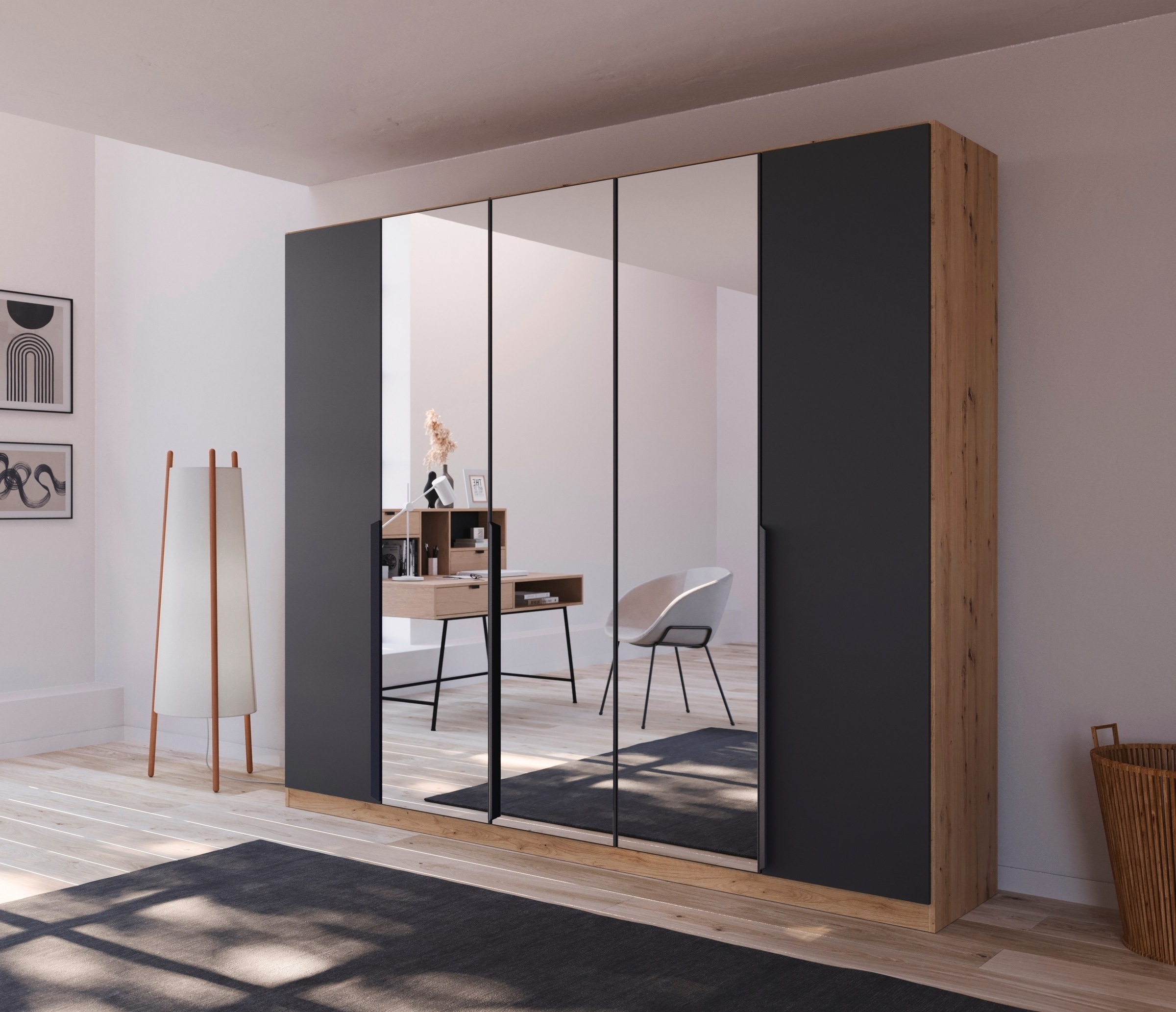 rauch Drehtürenschrank »Dark&Wood by Quadra Spin«, im Industrial Style mit Metallgriffstangen, mit Spiegel