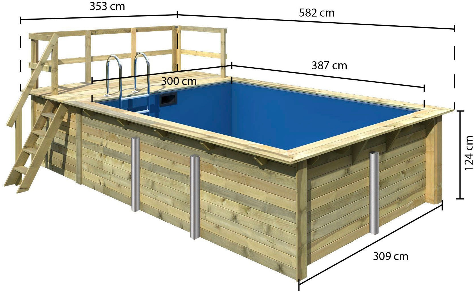 Karibu Rechteckpool »Holzpool Roma A BxLxH: 353x400x124 cm mit Sonnendeck«, (Set), 44 mm starke kesseldruckimprägnierte Holzbohlen aus Fichtenholz