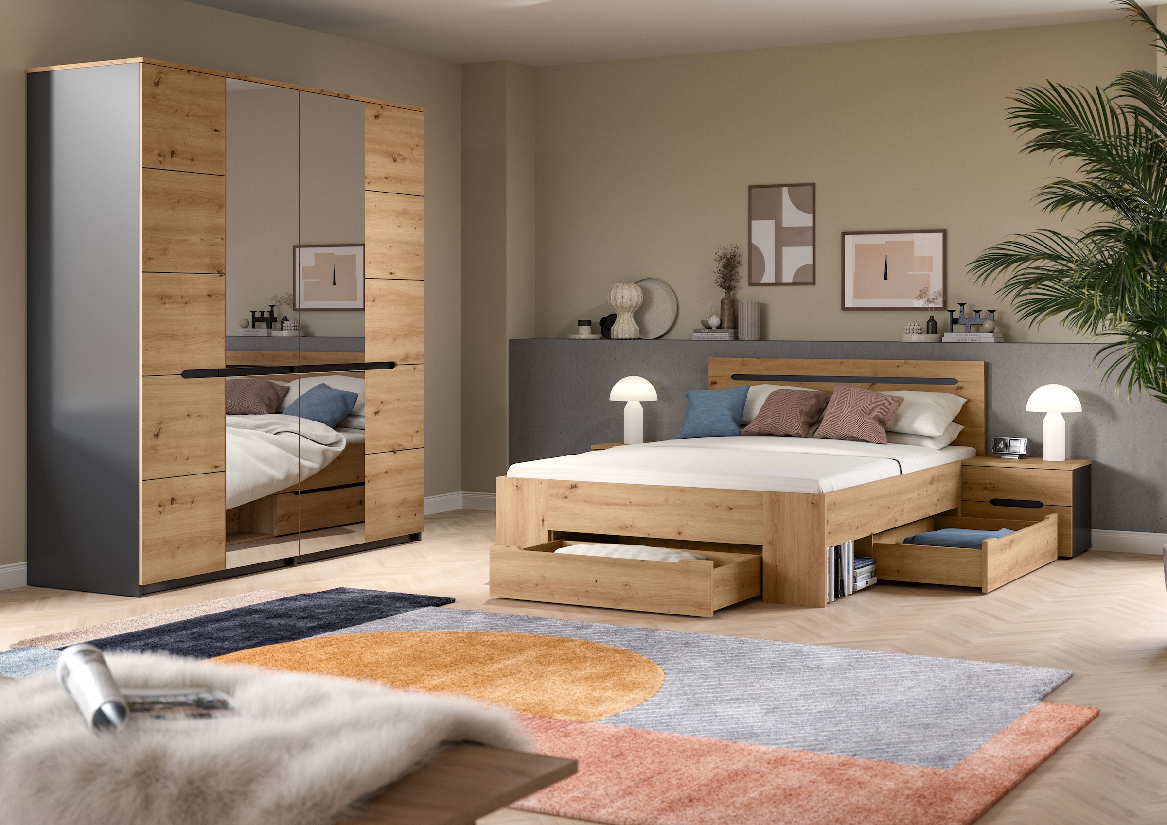 Home affaire Schlafzimmer-Set »REHAT, 4-teilig, best. aus: Bett, Kleiderschrank & 2x Nachtkommode«