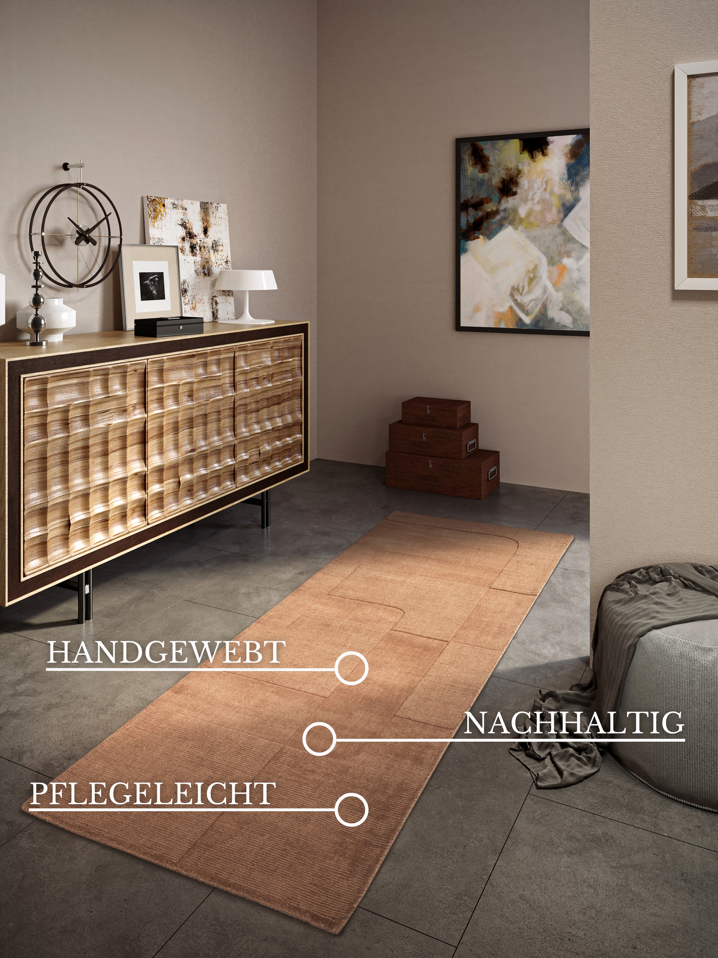 Villeroy & Boch Wollteppich »Charlotte«, rechteckig, 10 mm Höhe, Läufer, Handgewebt, Wolle, Natur, Läufer, Wohnzimmer, Geometrie