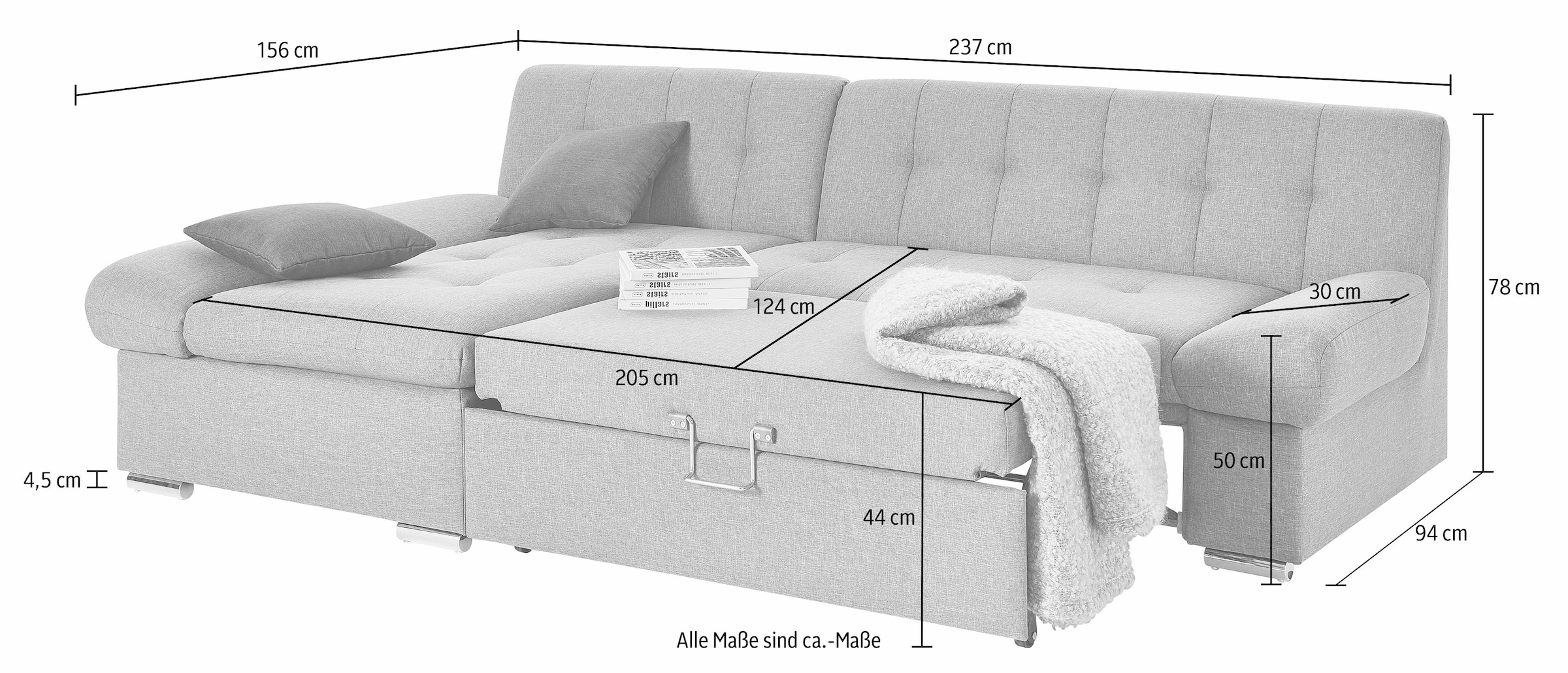 TRENDMANUFAKTUR Ecksofa »Reggae II, moderne Optik, Armteilverstellung, B/T 237/156cm, L-Form«, wahlweise mit Bettfunktion