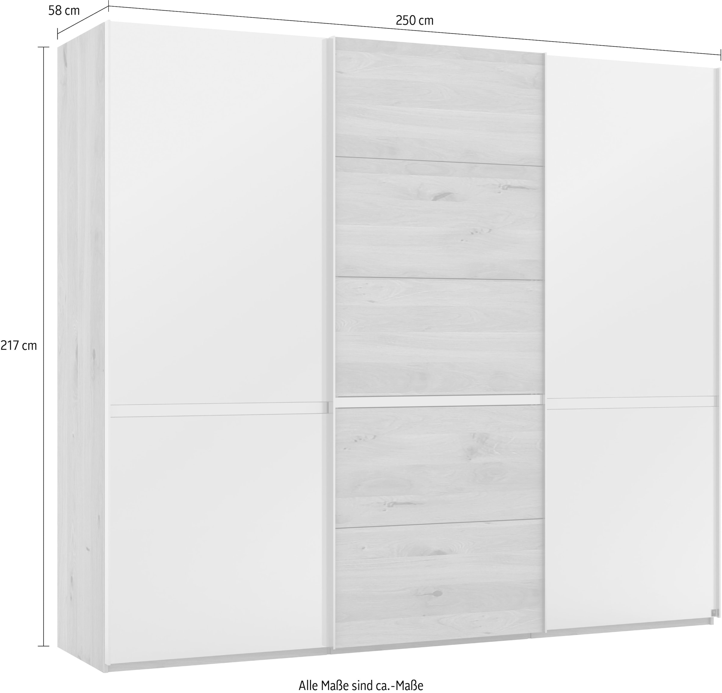 Musterring Schwebetürenschrank »Savona, Kleiderschrank, Schrank, Garderobe, mit Schiebetüren«, (Teilmassiv Bianco-Eiche, mit Spiegel oder Glas, MADE IN GERMANY), Türen Bianco-Eiche massiv, Spiegel-/Glastüren, eingelegte Chromleiste