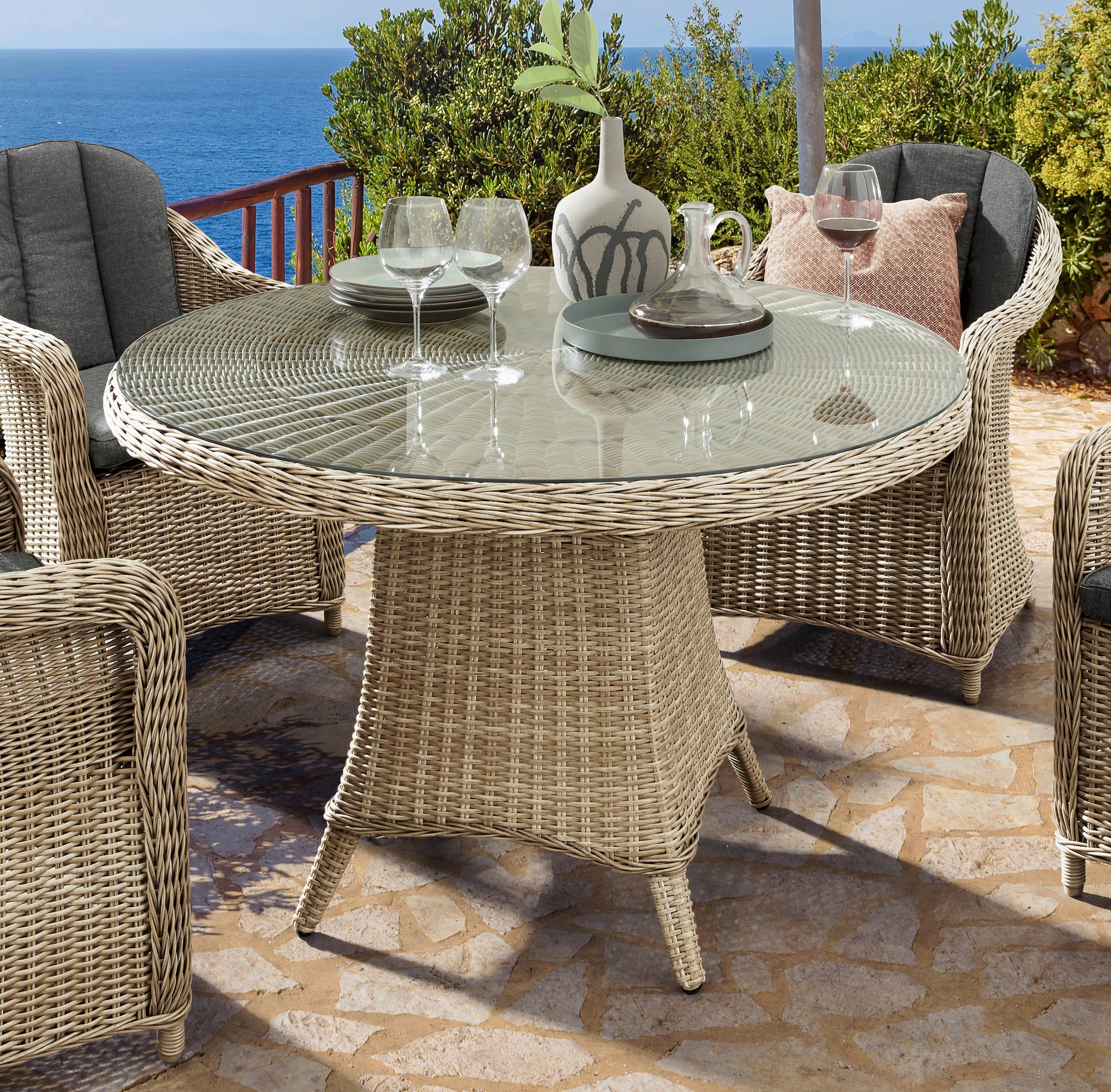 Destiny Garten-Essgruppe »MALAGA LUNA«, (13 tlg., 4x Sessel, 1x Tisch, inkl. Auflagen), Aluminium, Polyrattan