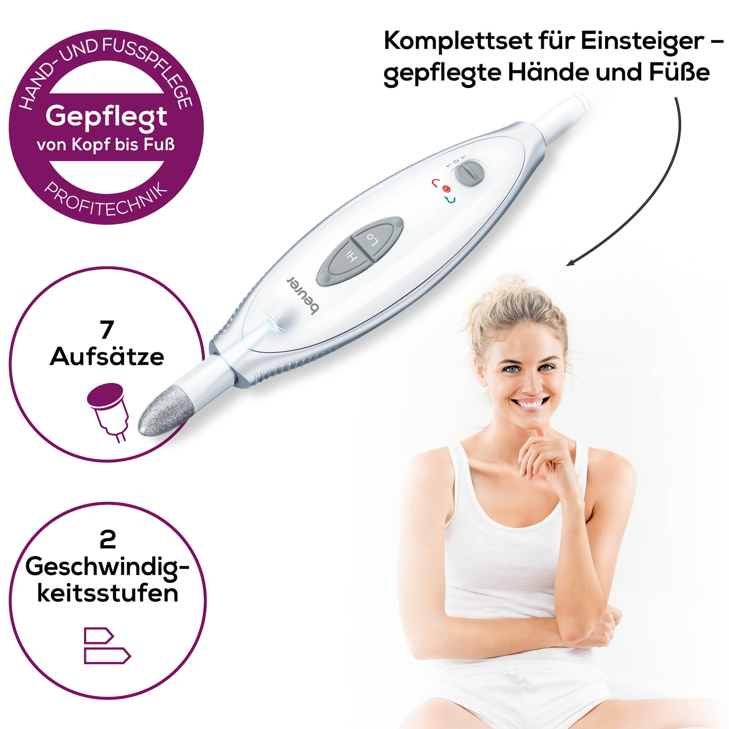 BEURER Maniküre-Pediküre-Set »MP 41 elektrische Nagelfeile, für gepflegte Hände und Füße zuhause«, Inkl. 7 Aufsätze aus Saphir und Filz, mit LED-Licht und Etui