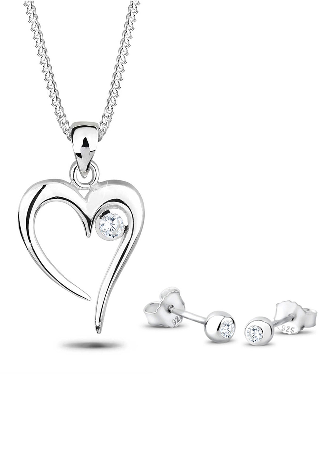 Elli Ohrring und Ketten Set »Schmuckset Herz Solitär Zirkonia In Love 925 Sterling Silber«