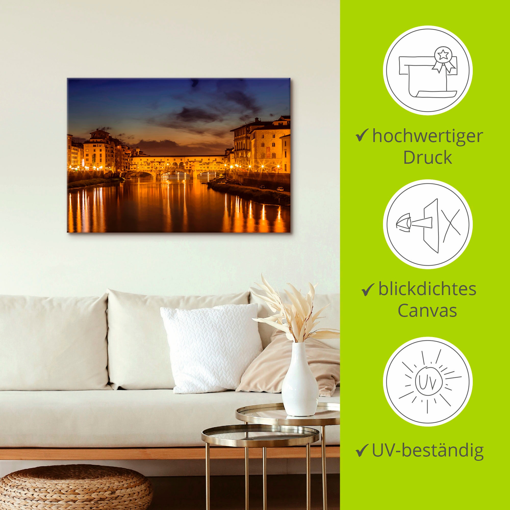 Artland Wandbild »FLORENZ Ponte Vecchio am Abend«, Florenz, (1 St.), als Alubild, Outdoorbild, Leinwandbild in verschied. Größen