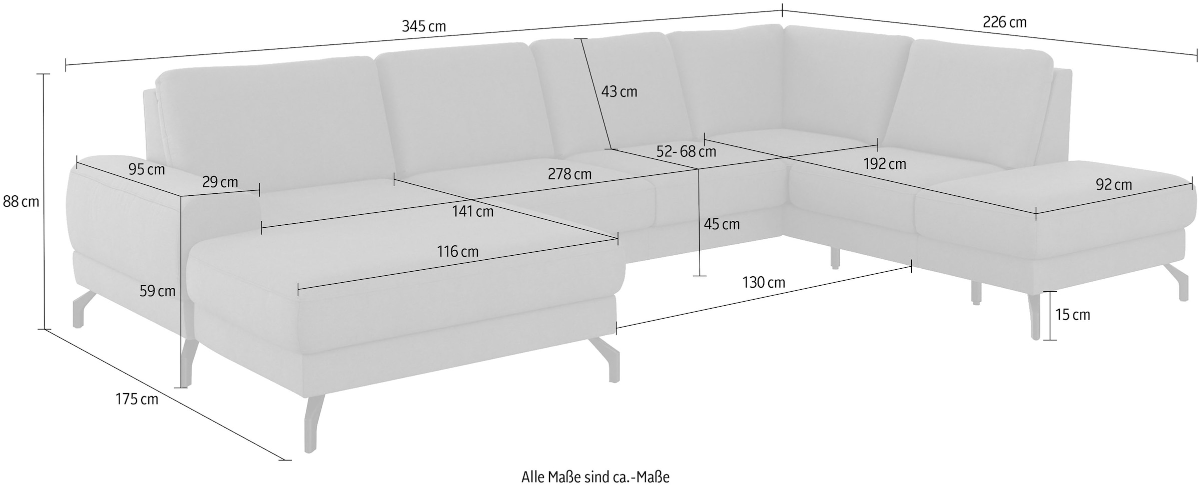 sit&more Wohnlandschaft »Cinturo U-Form«, inklusive Sitztiefenverstellung und Federkern, Sitzhöhe 45 cm