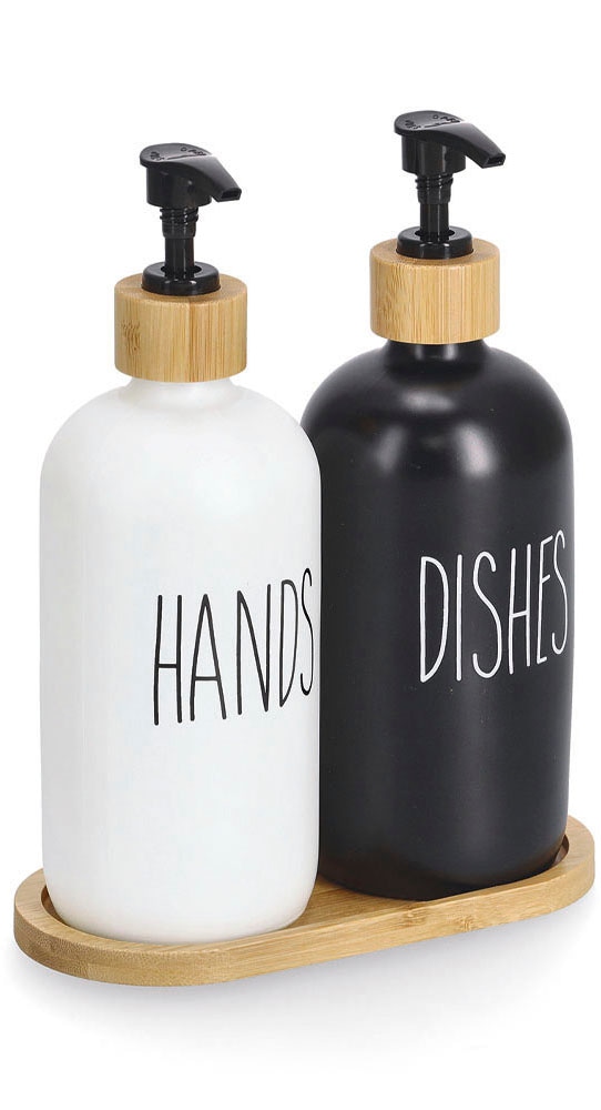 Zeller Present Spülmittelspender Glas / Bambus, Füllmenge je 500 ml, inkl. Tablett in schwarz-weiß