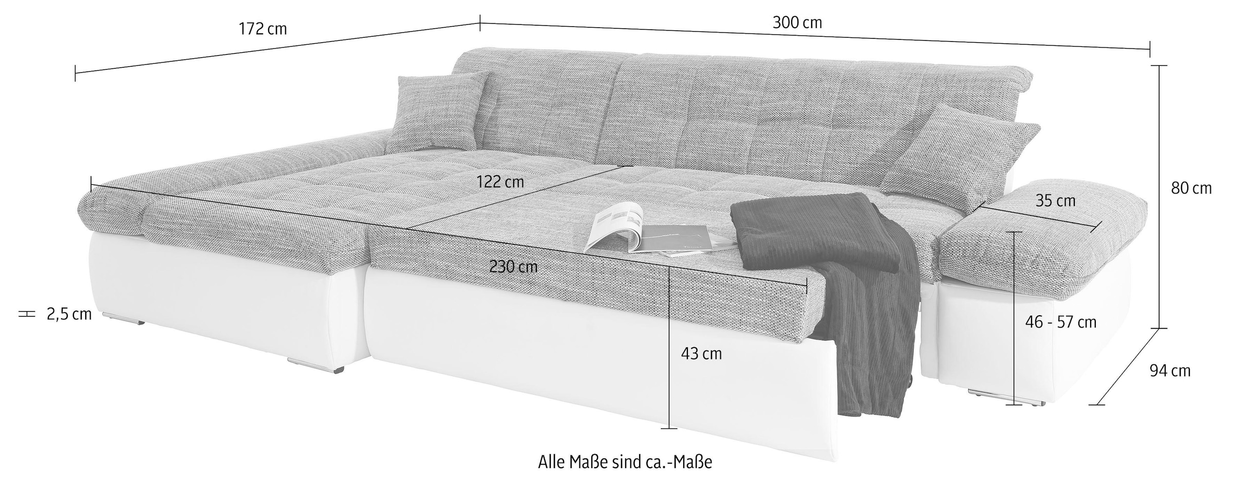 DOMO collection Ecksofa »Moric, L-Form, XXL-Sofa - Breite 300cm«, wahlweise mit Bettfunktion und Armteilverstellung, beige-baun