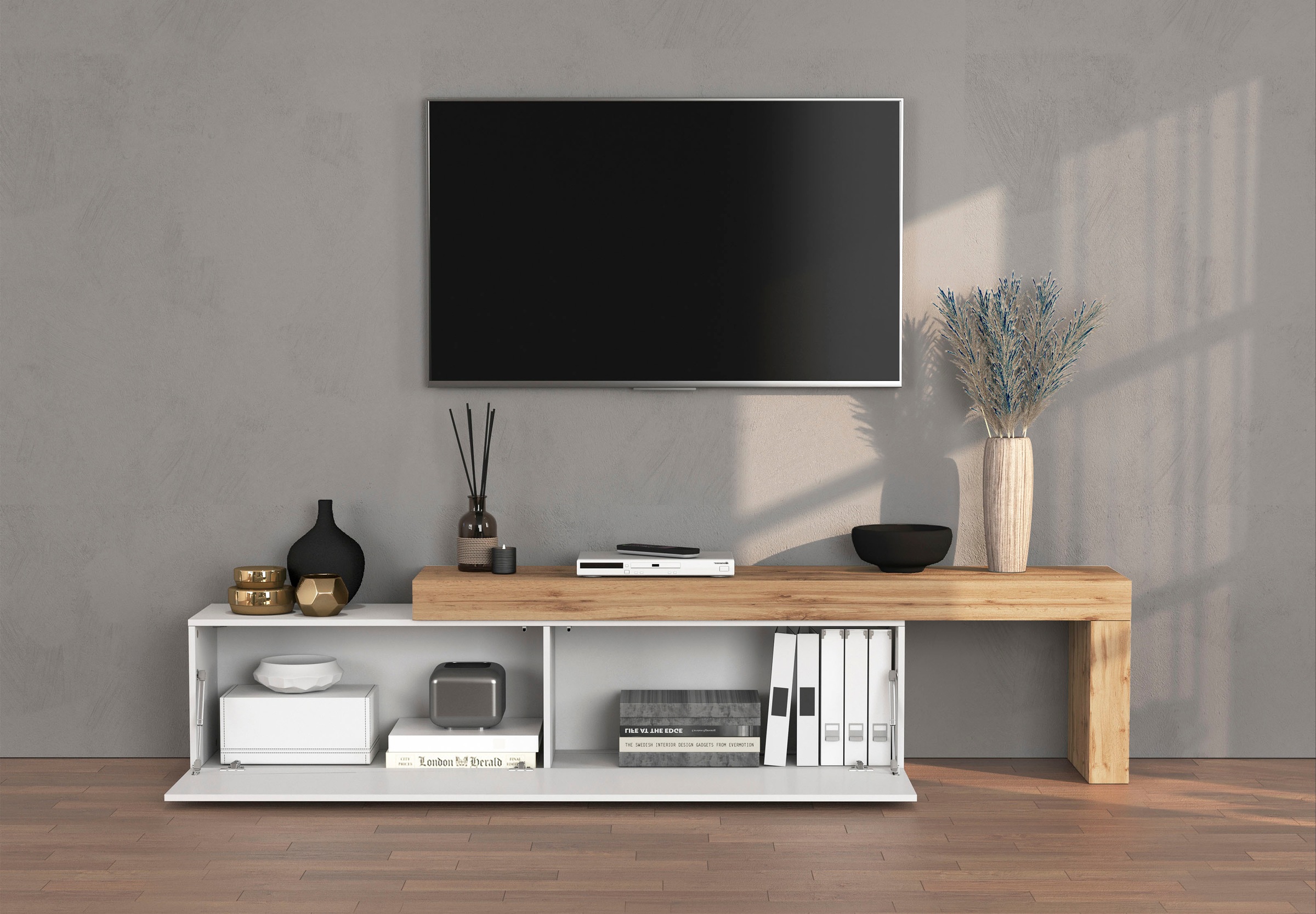 OTTO home Lowboard »Chronos TV-Board, TV-Schrank« Breite verstellbar von 190 bis 350 cm, 1 Stk. tlg. Breite 270 cm TV-Board,Lowboard,1 Klappe und ein L-Förmiger Aufsatz