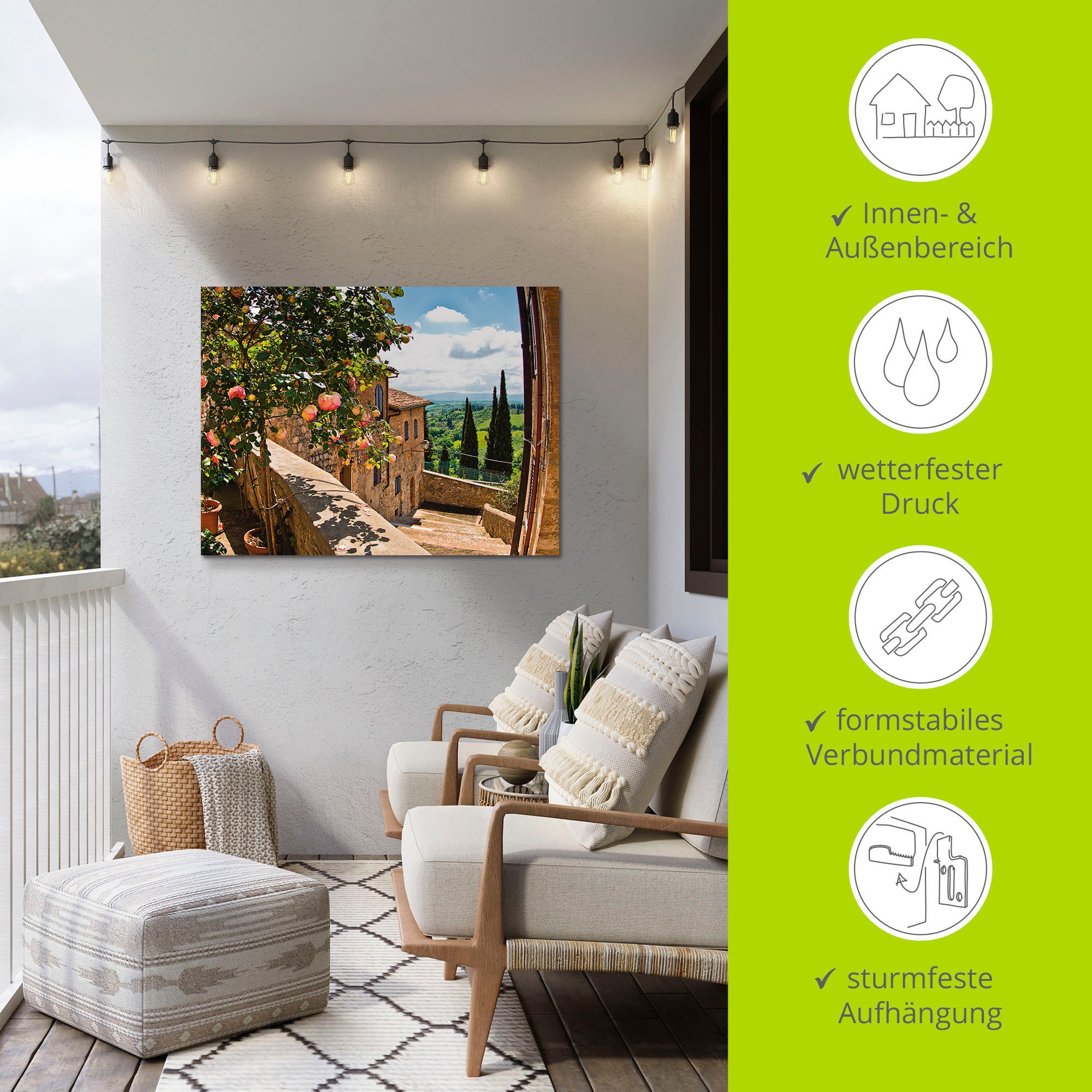 Artland Wandbild »Rosen auf Balkon Toskanalandschaft«, Garten, (1 St.), als Alubild, Outdoorbild, Leinwandbild, Poster, Wandaufkleber