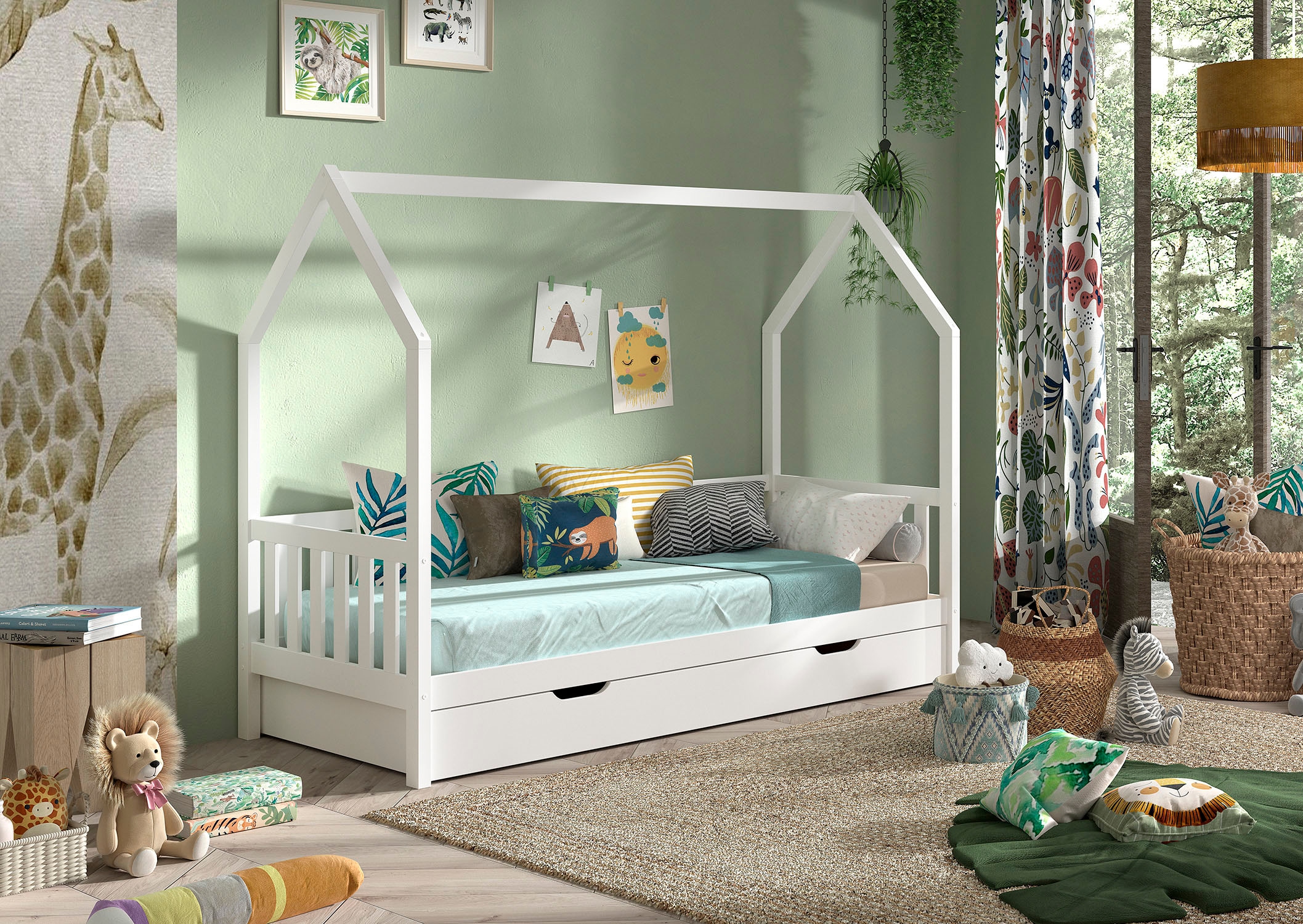 Vipack Hausbett »Cabane, mit Dachaufbau, Bettschublade auf Rollen u. Sprossenumrandung«, (B/H/T ca. 208x169x98 cm) aus massiver Eiche, Oberfläche Natur), sehr stabil und standfest gebaut inkl. Massivholz Rolllattenrost