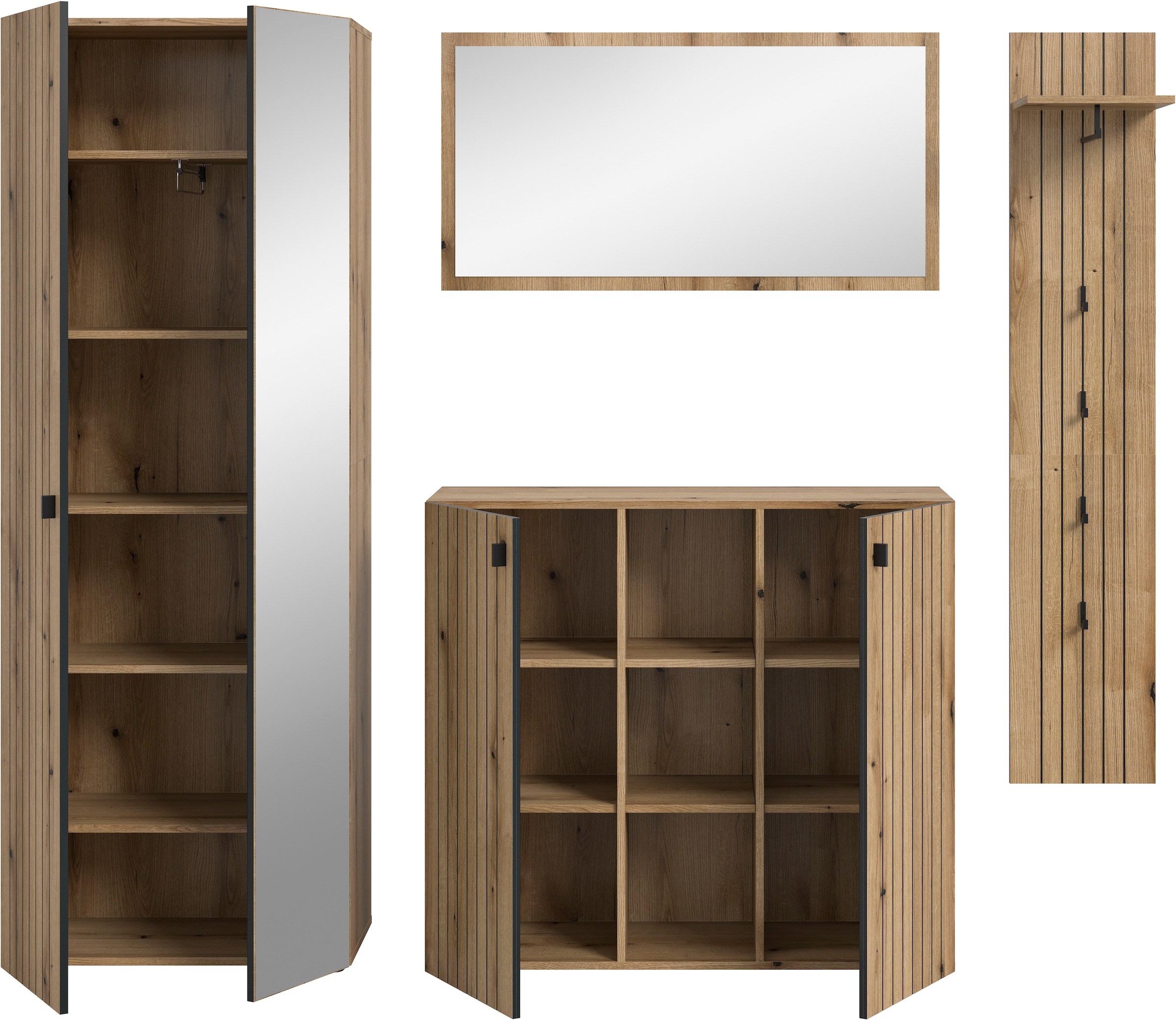 Home affaire Garderoben-Set »TATIO, 4-tlg. Garderobenkombination, Breite: 237 cm, Rillenfräsung« Set, 1 Spiegel, 1 Garderobenschrank, 1 Schuhkommode, 1 Garderobenpaneel, 4 Stk. tlg.