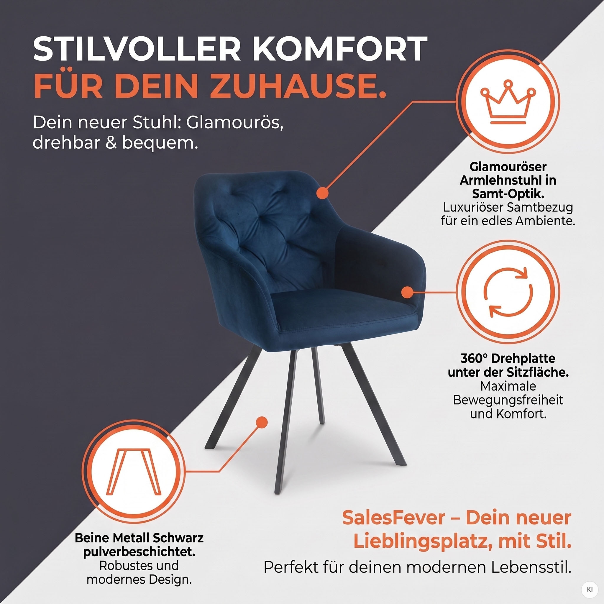 SalesFever Esszimmerstuhl »Toronto Stuhl - Stilvoller Armlehnstuhl mit Steppungen« () 1 Stk.Esszimmersessel, 360° Drehplatte unter der Sitzfläche