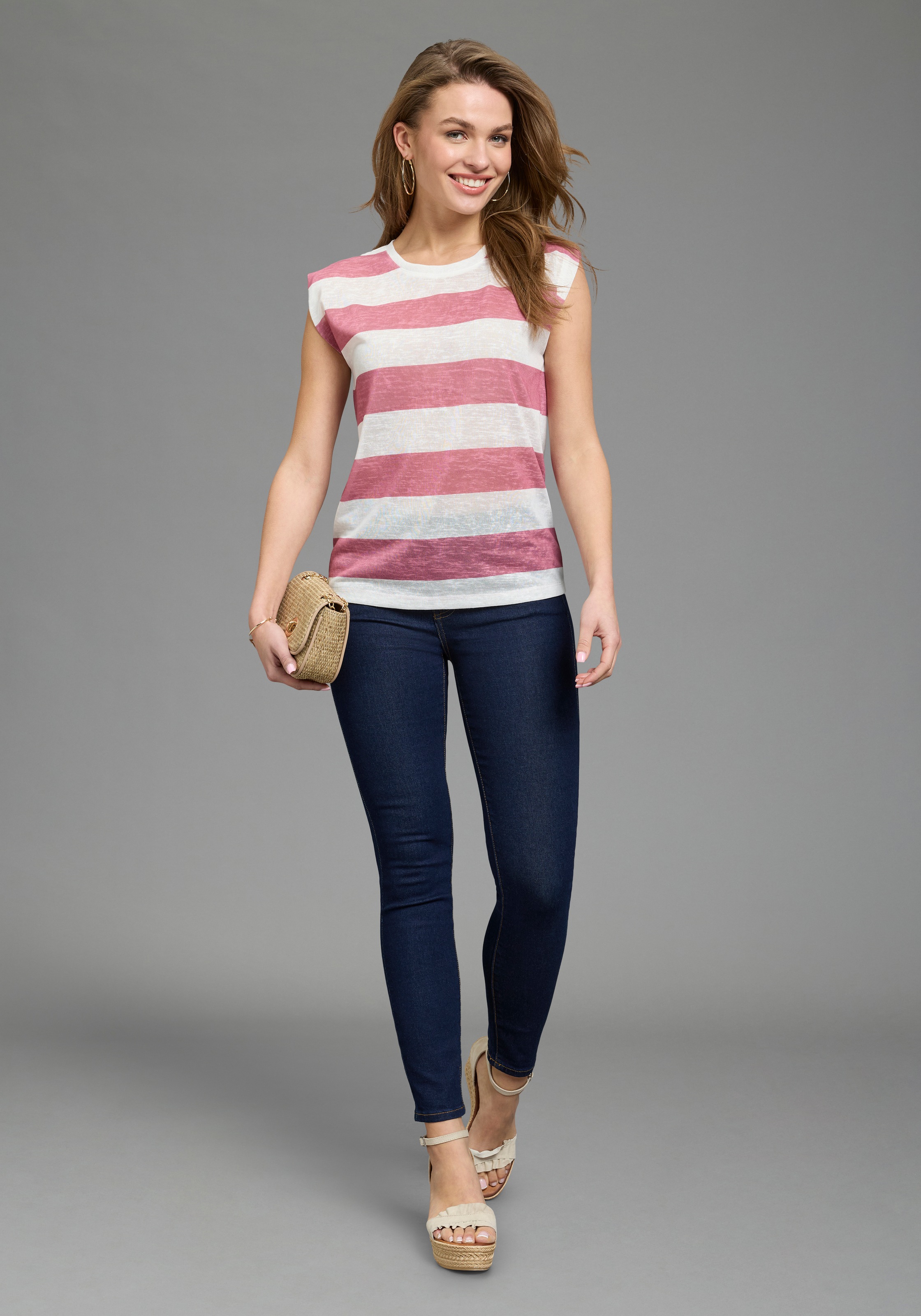 Laura Scott T-Shirt in strukturierter Leinen-Optik, gestreiftes Design