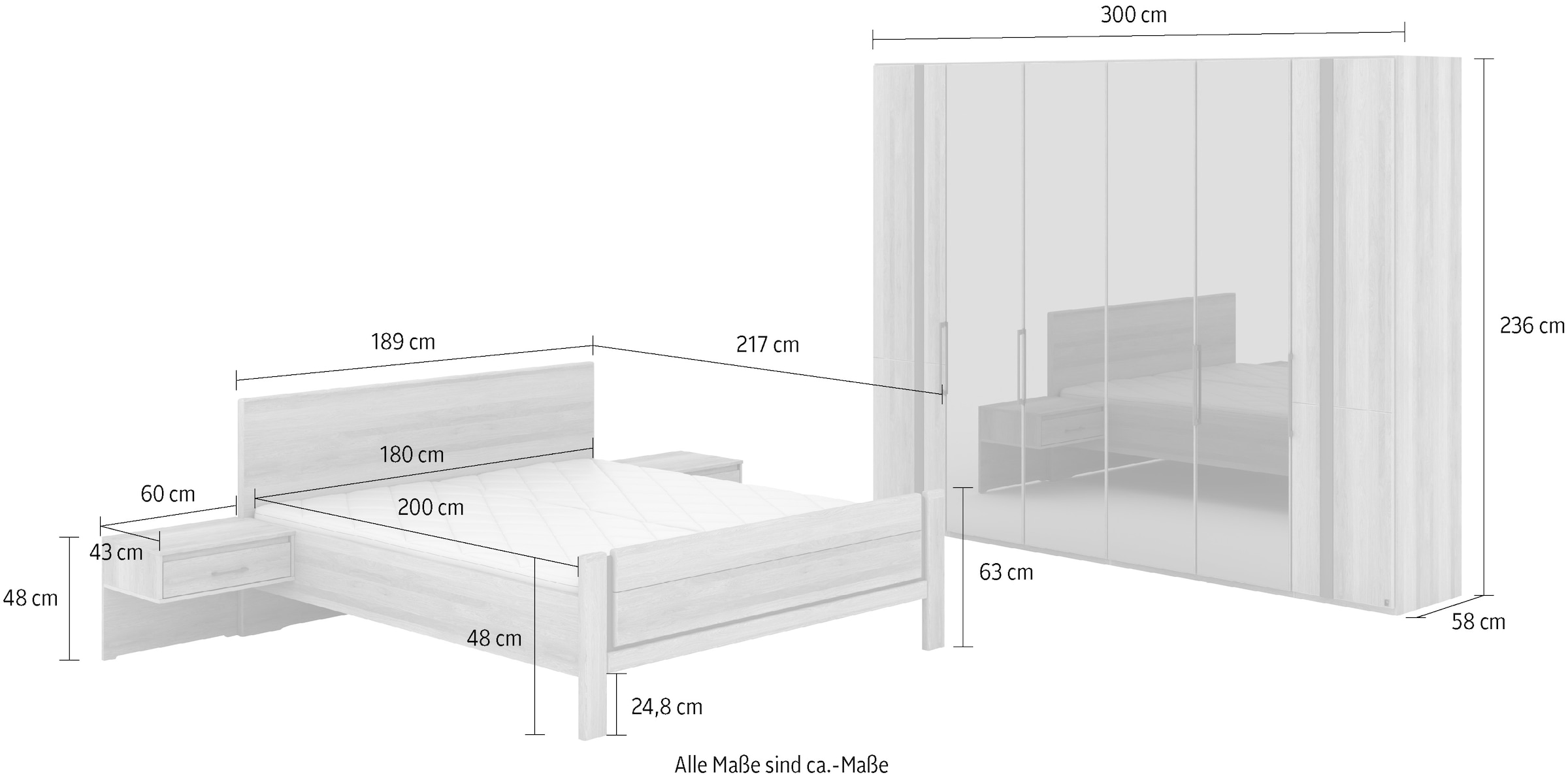 Musterring Schlafzimmer-Set »Sorrent, Kleiderschrank, Bett & Nachtkommoden, teilmassiv Eiche«, (2er-Set Nachtschränke, Drehtürenschrank 300 cm, Bett 180x200 cm), Bett mit Stollenfuß, Eiche teilmassiv, Spiegeltüren in Parsol-Bronze