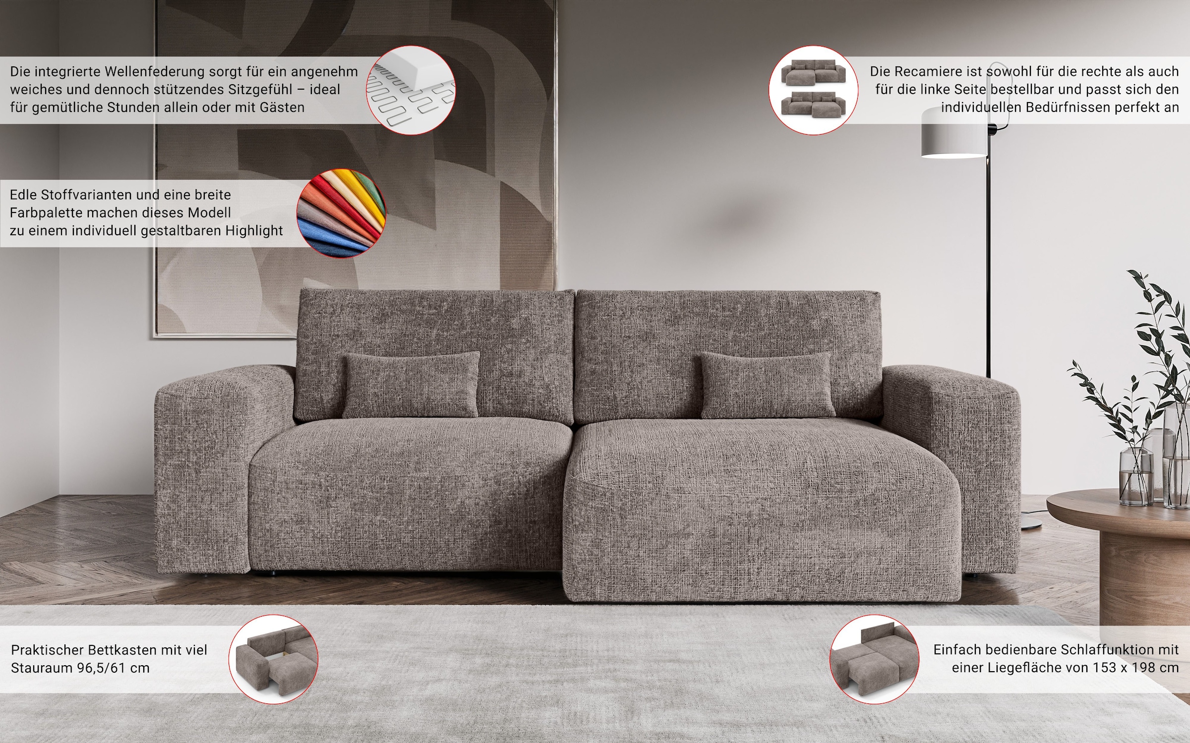 OTTO home Ecksofa »MATTS Schlafsofa mit Bettkasten, Maße B/T/H: 265/159/89 cm« L-Form mit Recamiere rechts oder links, hoher Sitzkomfort