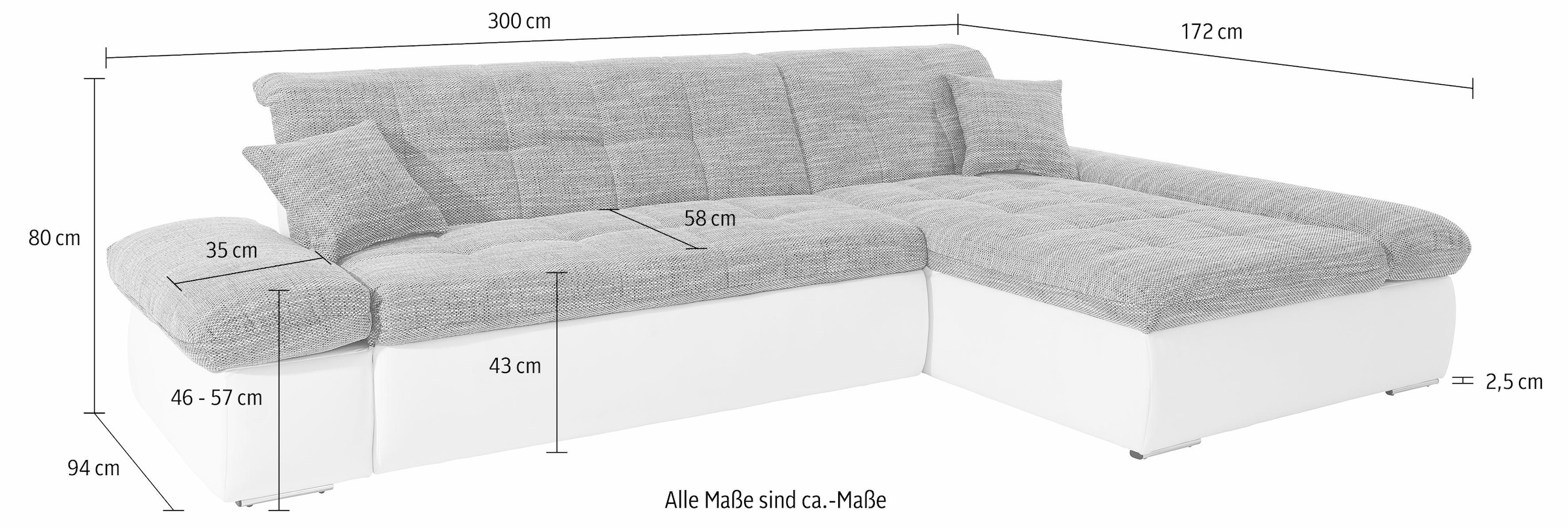 DOMO collection Ecksofa »Moric, L-Form, XXL-Sofa - Breite 300cm, viel Platz, auch in Cord« wahlweise mit Bettfunktion und Armteilverstellung, schwarz-silber