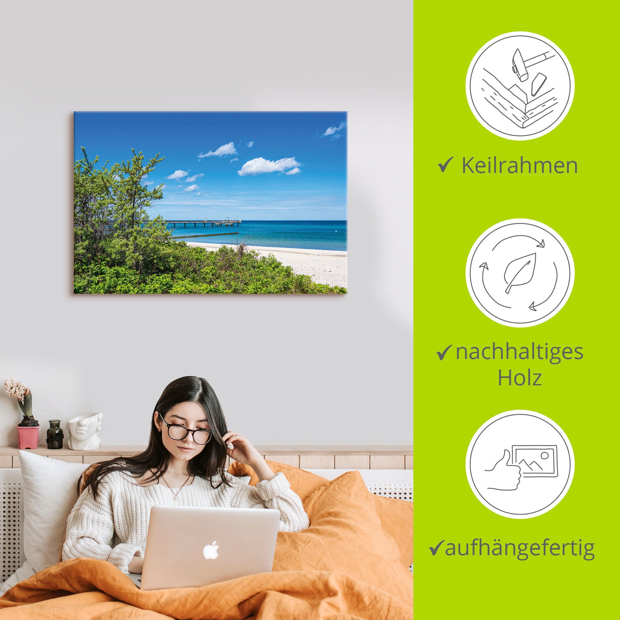 Artland Wandbild »Strand und Seebrücke an Ostseeküste«, Strandbilder, (1 St.), als Alubild, Leinwandbild, Wandaufkleber oder Poster in versch. Größen