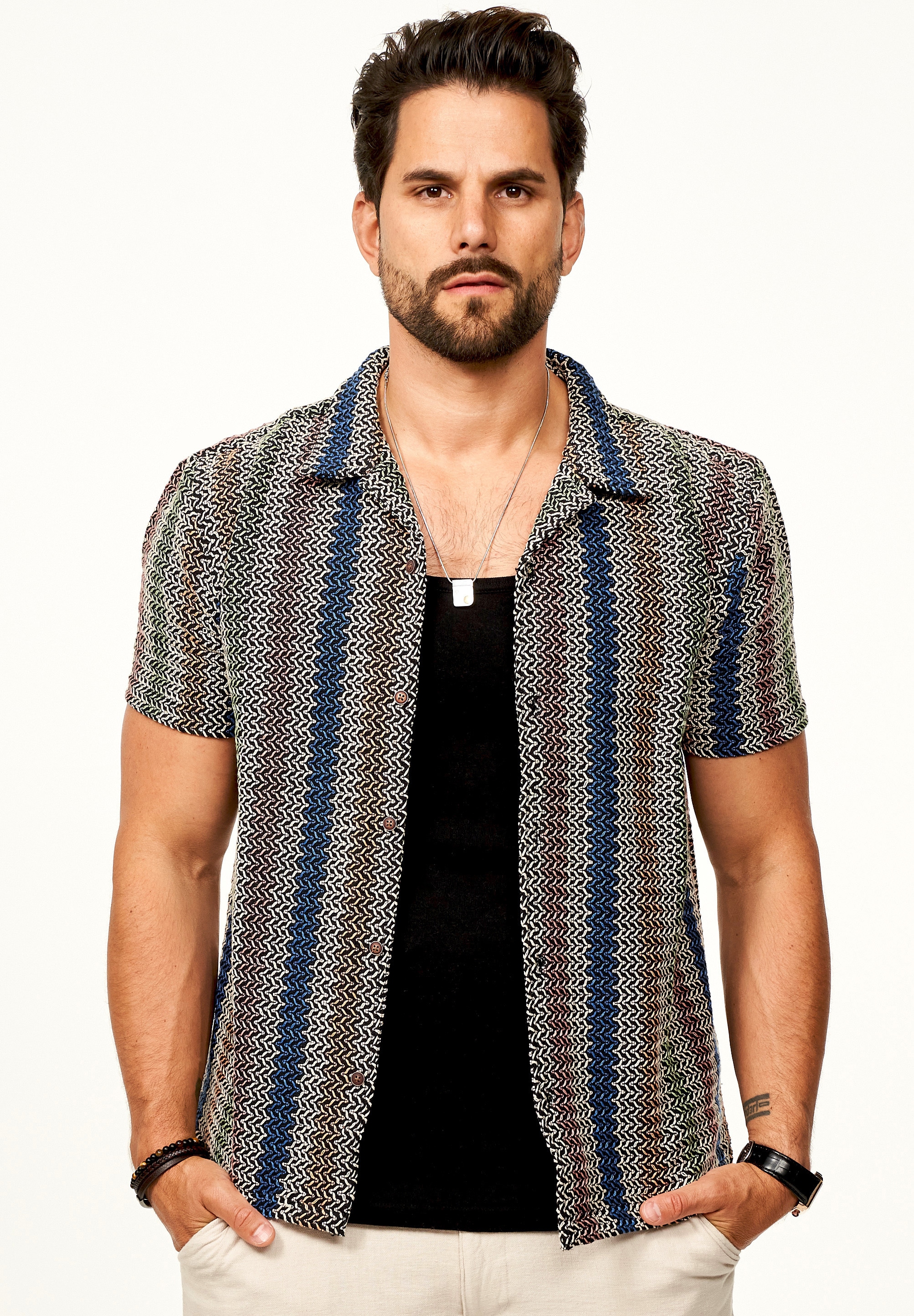 SOULSTAR Kurzarmhemd »Freizeithemd als Kurzam Strick Hemd im Retro-Look - Strick Polo-Hemd Overshirt im Regular-Fit für Herren« Strick Polo-Hemd T-Shirt im Regular-Fit Festival Hemd